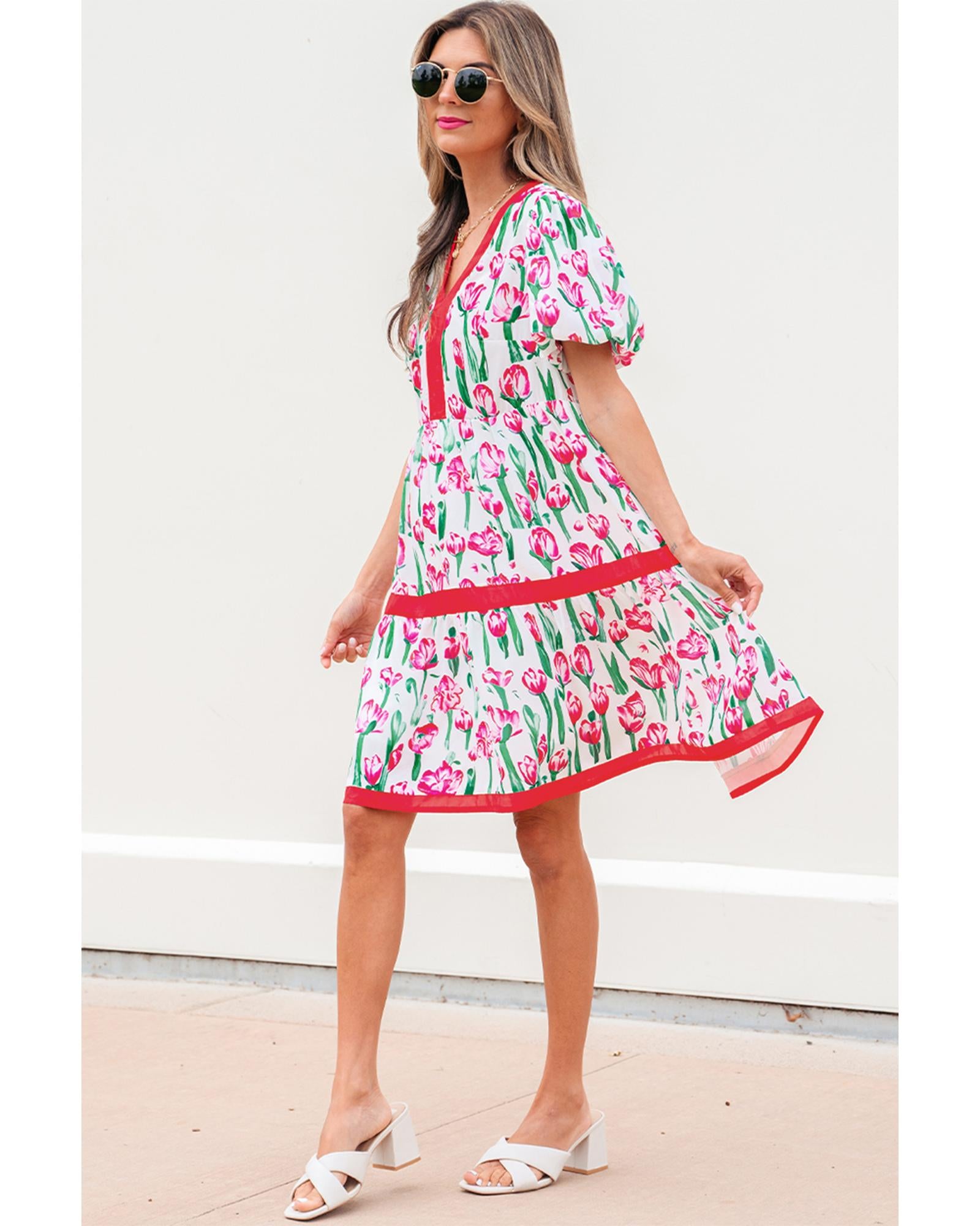 Pink Floral Print Contrast Trim V Neck Bubble Short Sleeve Babydoll Dress - M 3