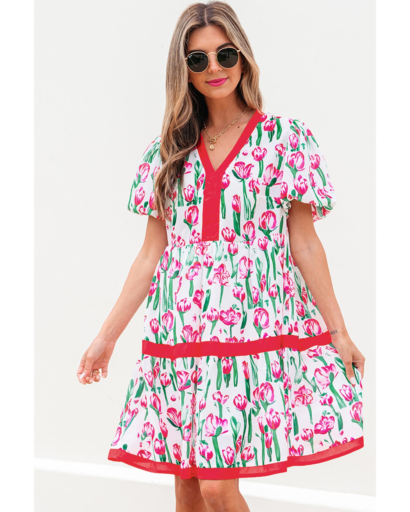 Pink Floral Print Contrast Trim V Neck Bubble Short Sleeve Babydoll Dress - S