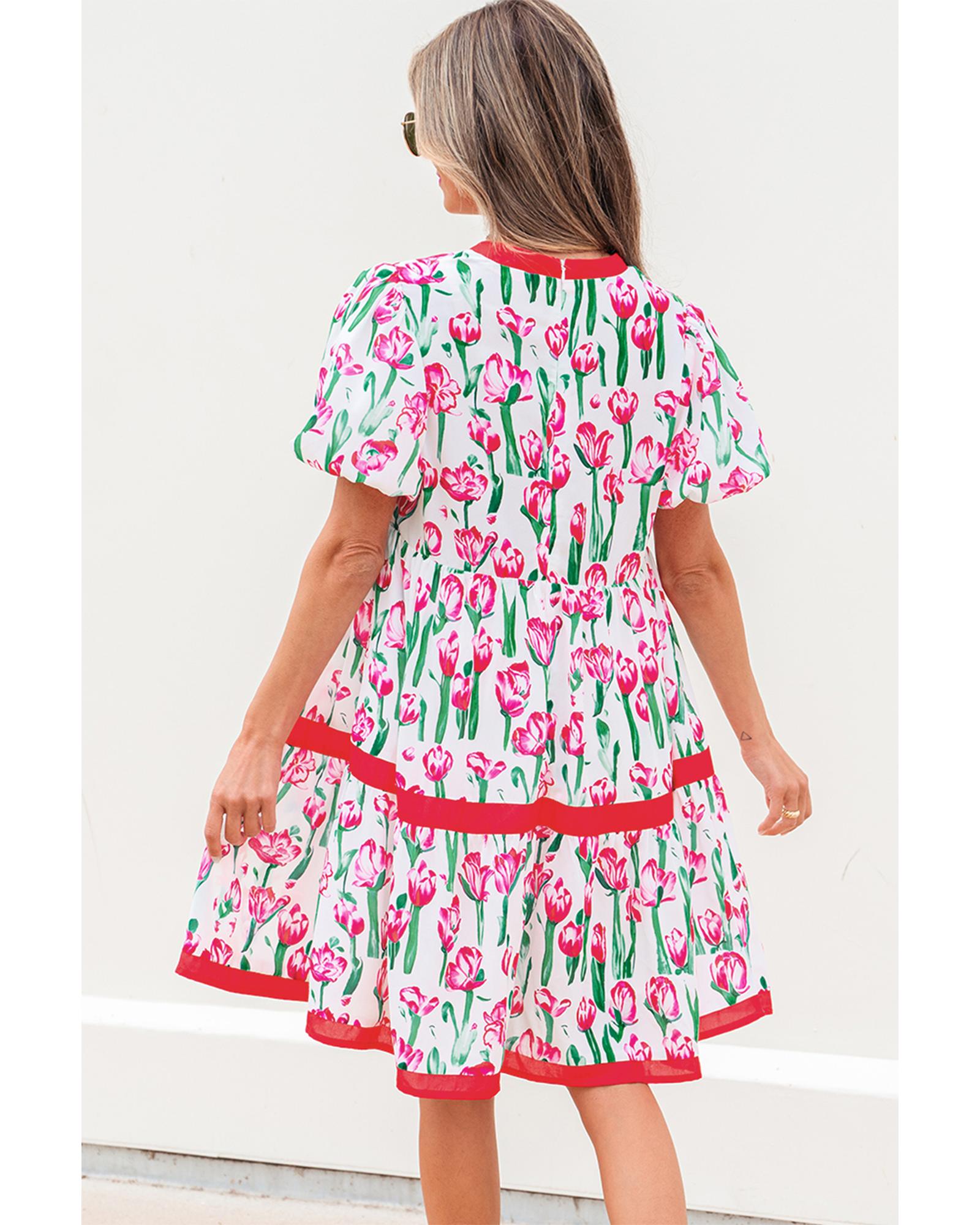 Pink Floral Print Contrast Trim V Neck Bubble Short Sleeve Babydoll Dress - XL