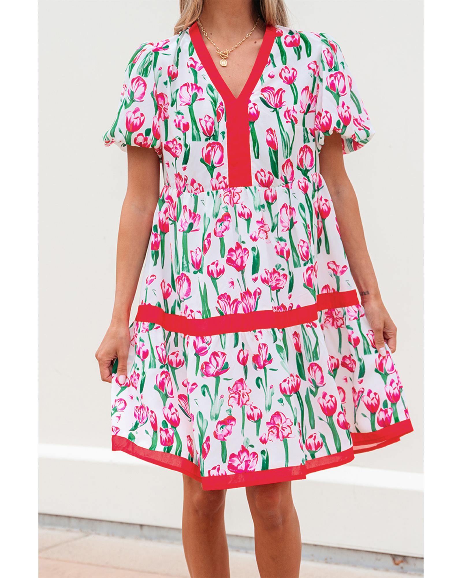 Pink Floral Print Contrast Trim V Neck Bubble Short Sleeve Babydoll Dress - XL 3