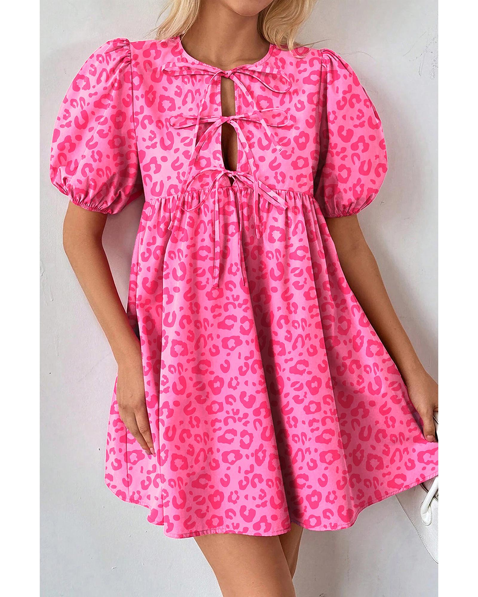 Rose Leopard Puff Sleeve Tie Front High Waist Mini Dress - L