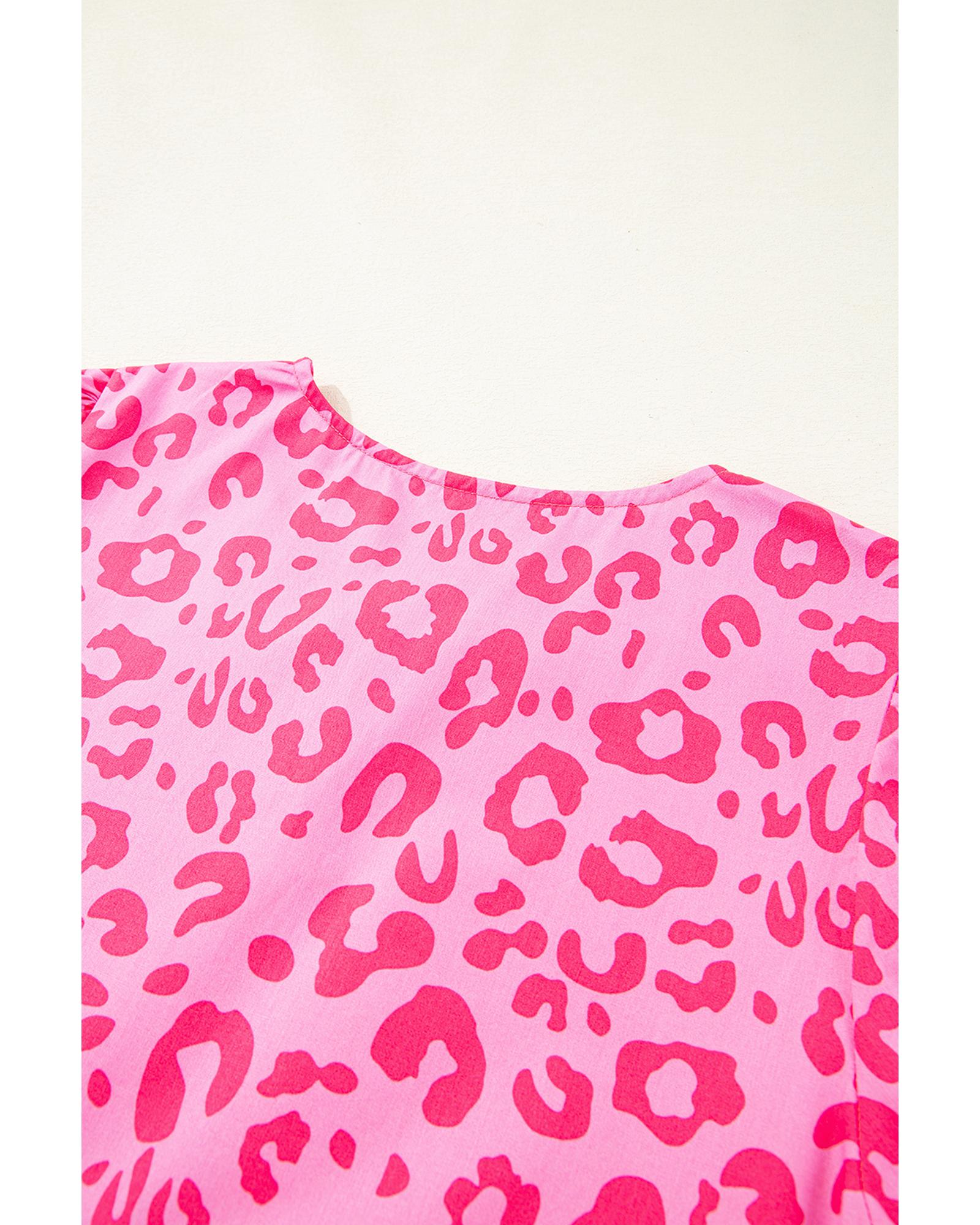 Rose Leopard Puff Sleeve Tie Front High Waist Mini Dress - L 6