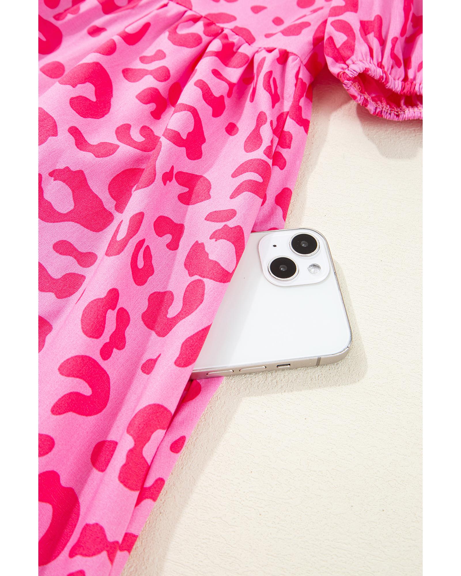 Rose Leopard Puff Sleeve Tie Front High Waist Mini Dress - L 8