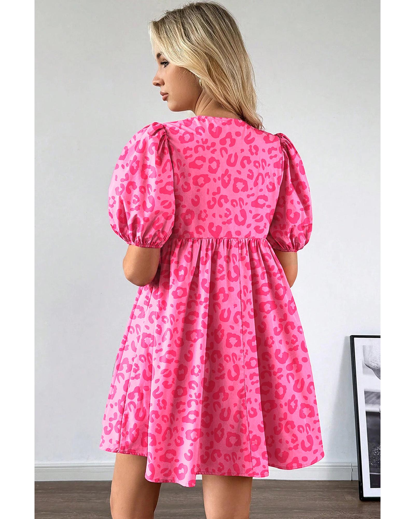 Rose Leopard Puff Sleeve Tie Front High Waist Mini Dress - M