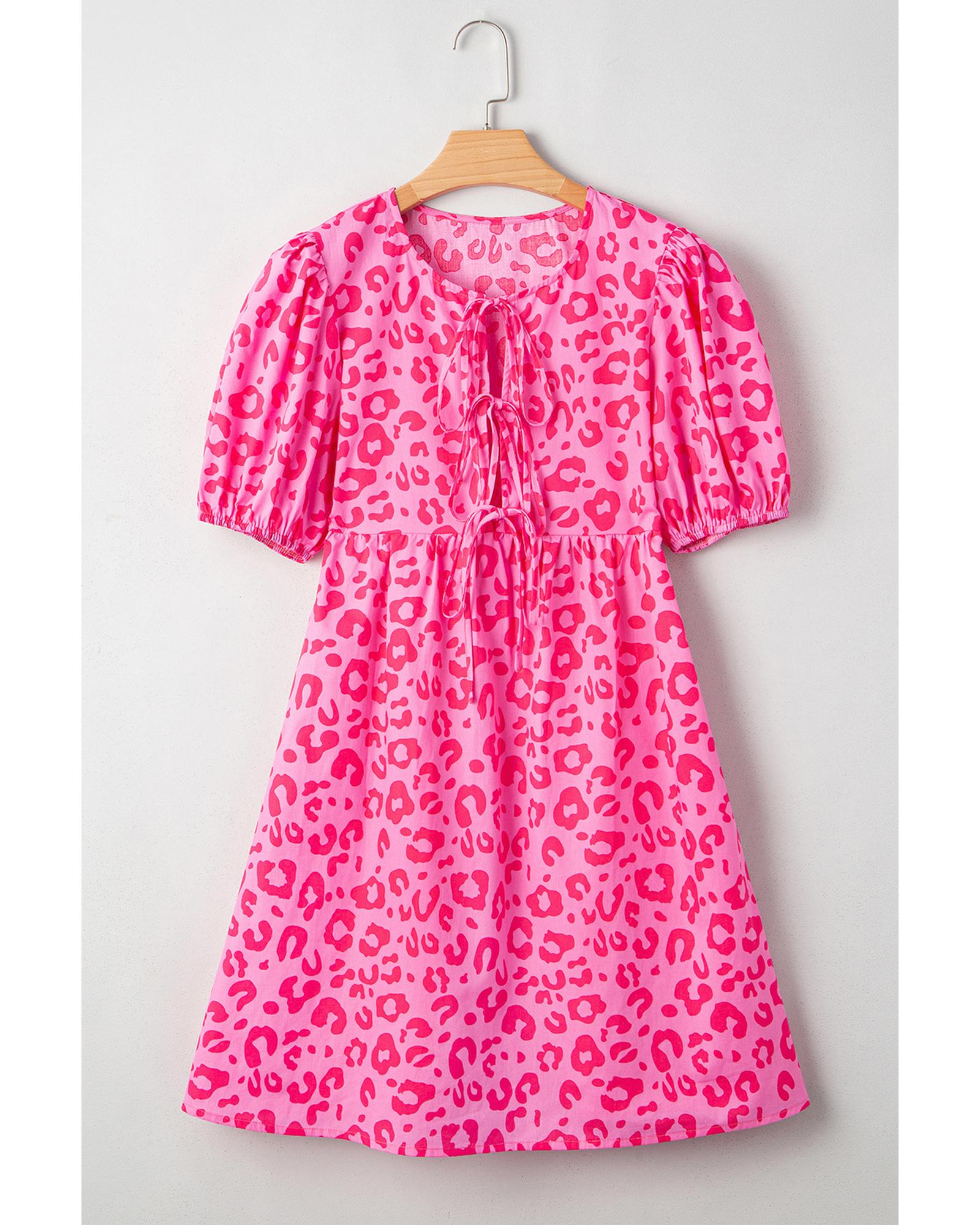 Rose Leopard Puff Sleeve Tie Front High Waist Mini Dress - M 3