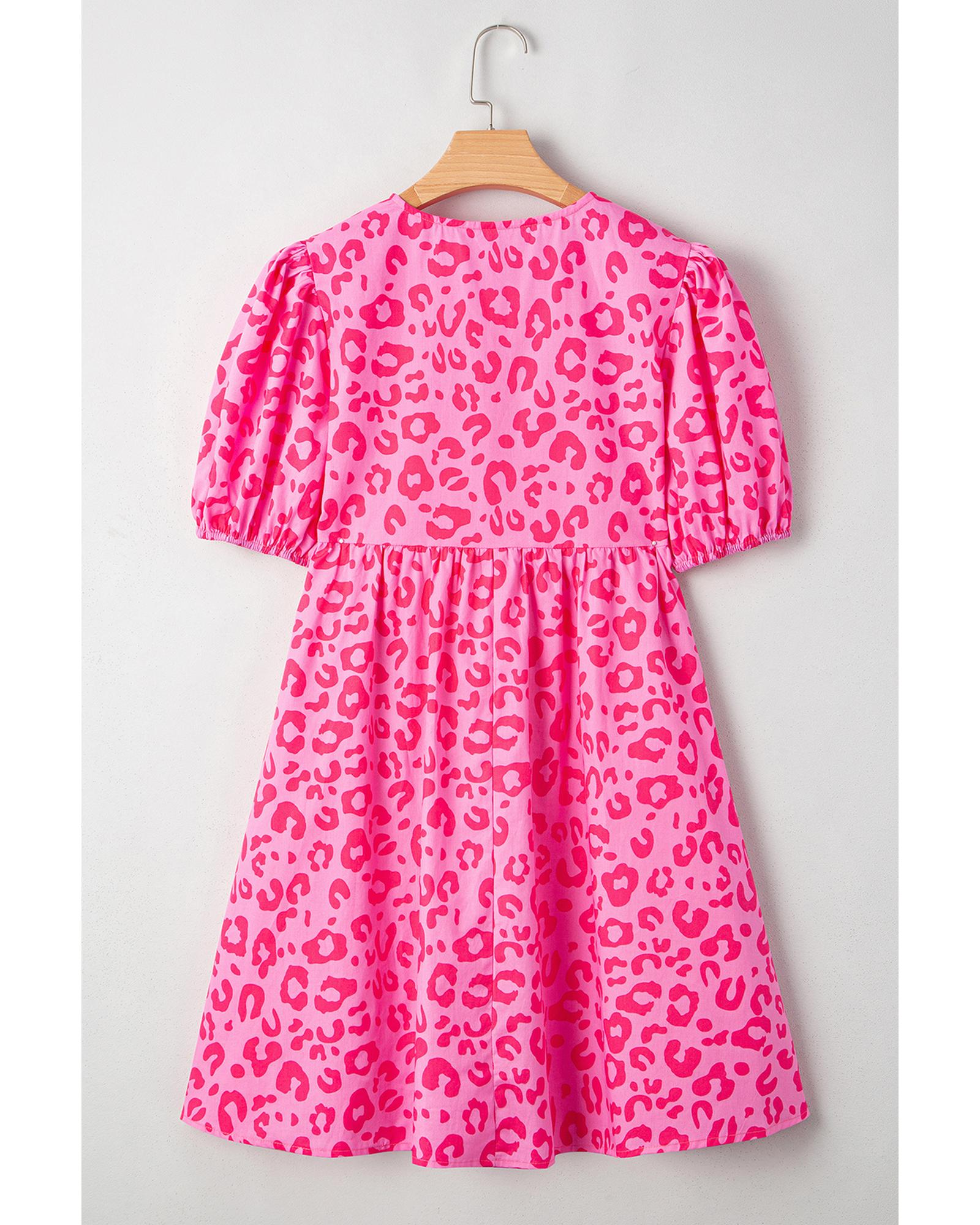 Rose Leopard Puff Sleeve Tie Front High Waist Mini Dress - XL 4