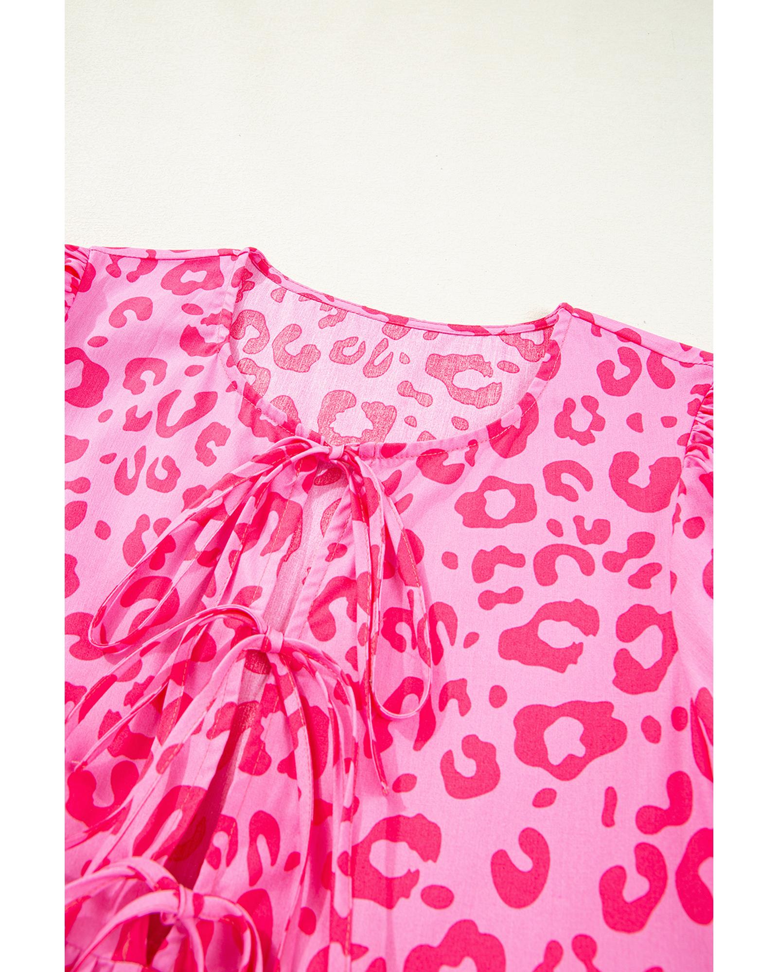 Rose Leopard Puff Sleeve Tie Front High Waist Mini Dress - XL 5