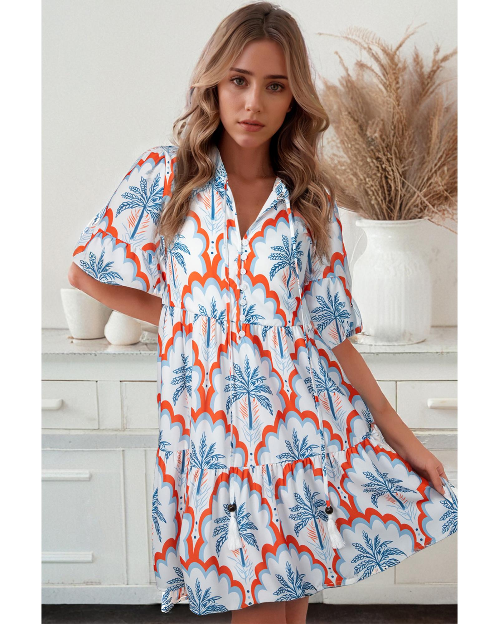 Orange Contrast Palm Tree Printed Short Sleeve Flowy Dress - S