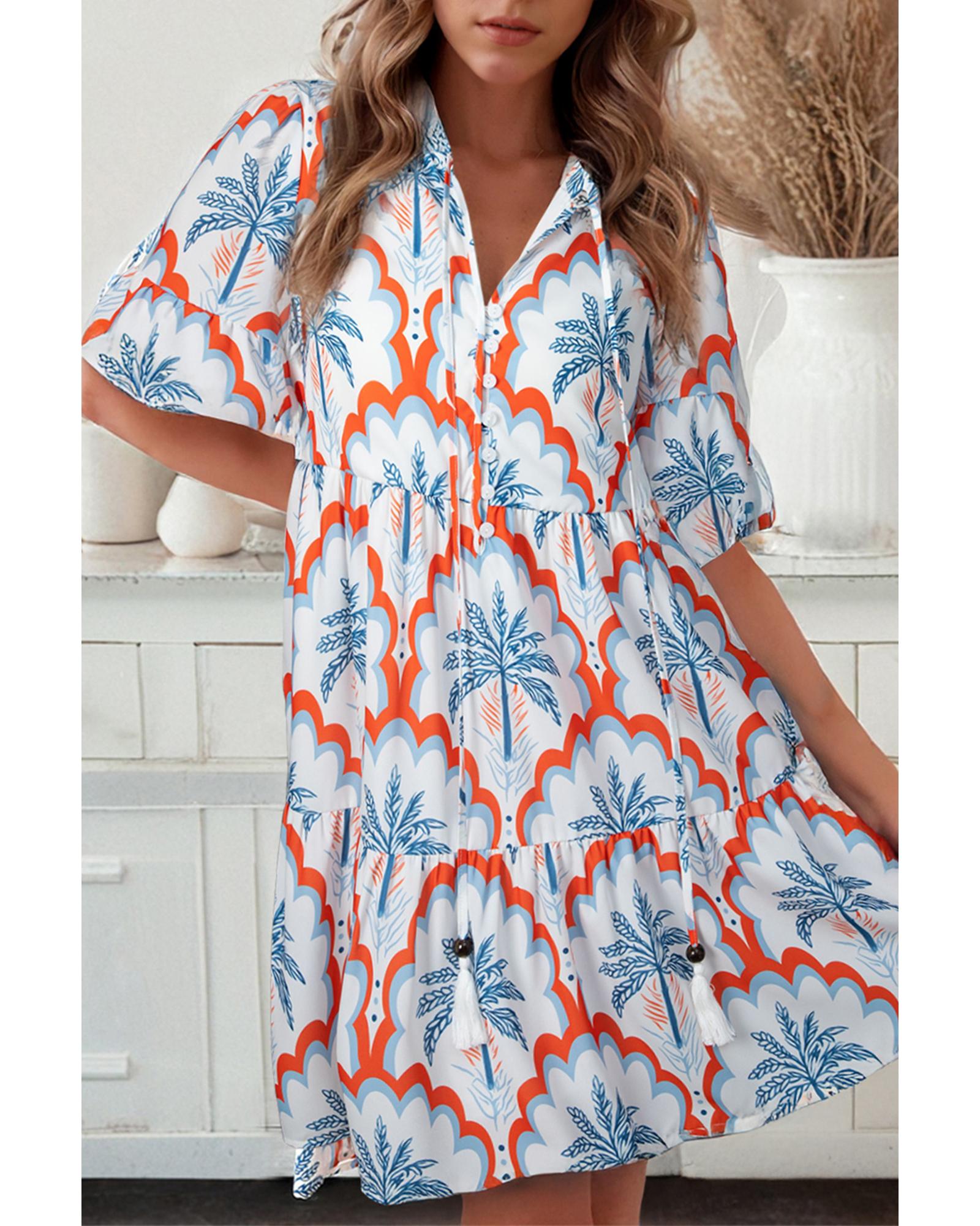 Orange Contrast Palm Tree Printed Short Sleeve Flowy Dress - XL