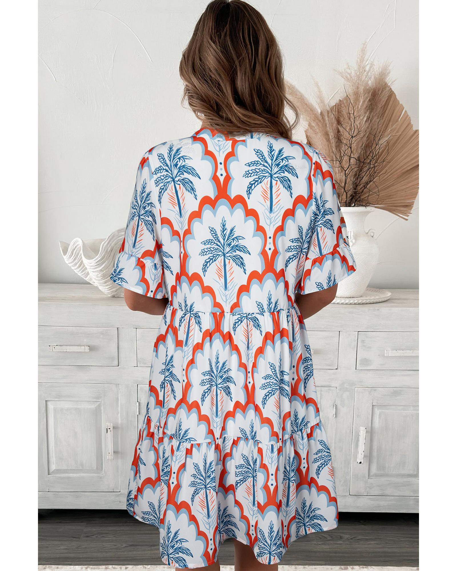 Orange Contrast Palm Tree Printed Short Sleeve Flowy Dress - XL