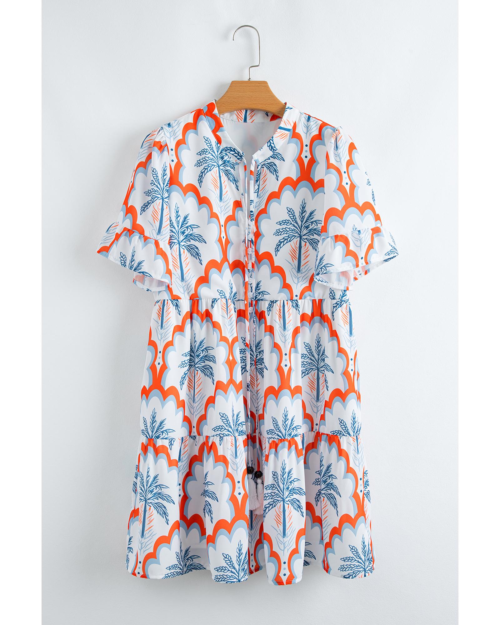 Orange Contrast Palm Tree Printed Short Sleeve Flowy Dress - XL 4