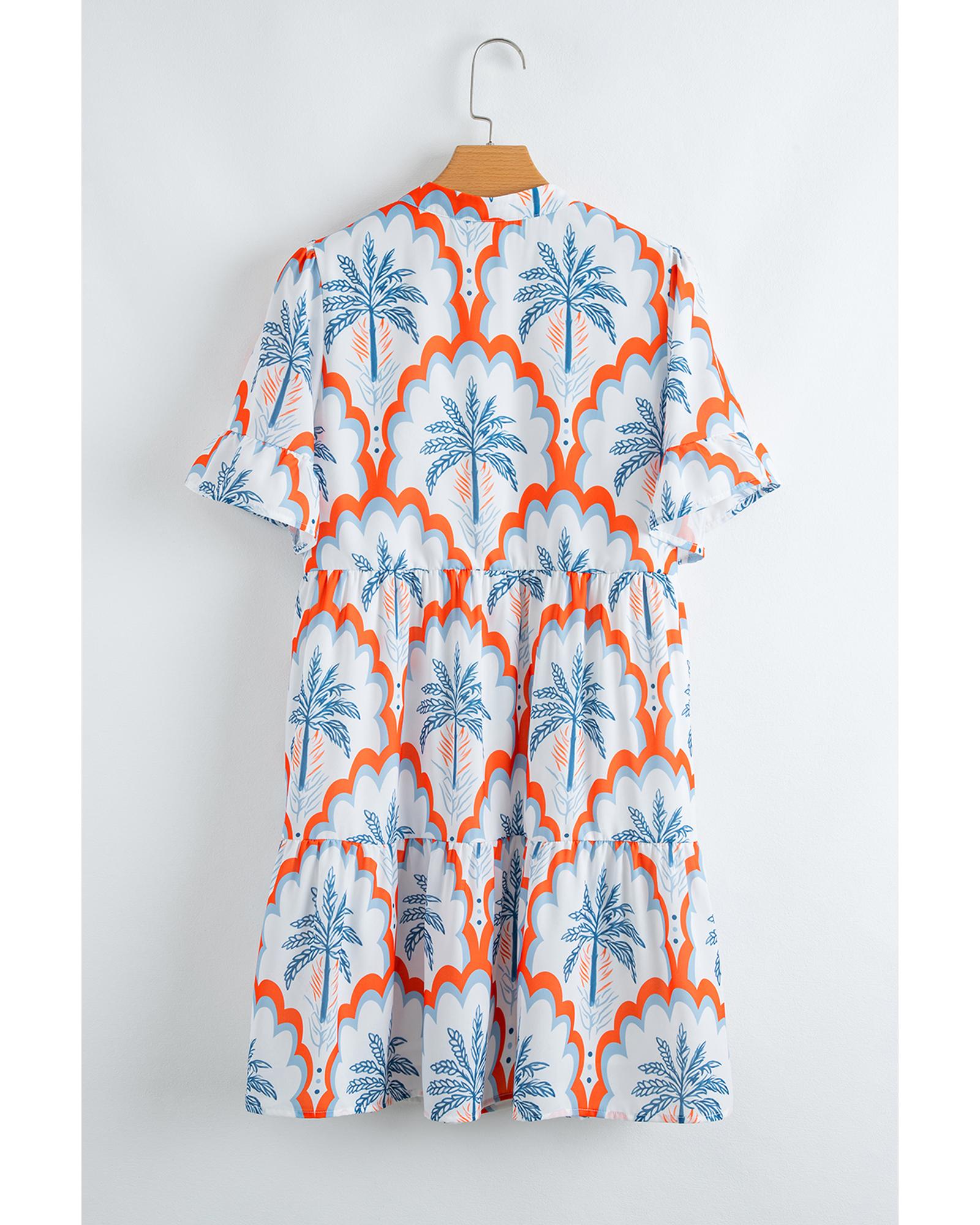 Orange Contrast Palm Tree Printed Short Sleeve Flowy Dress - XL 5