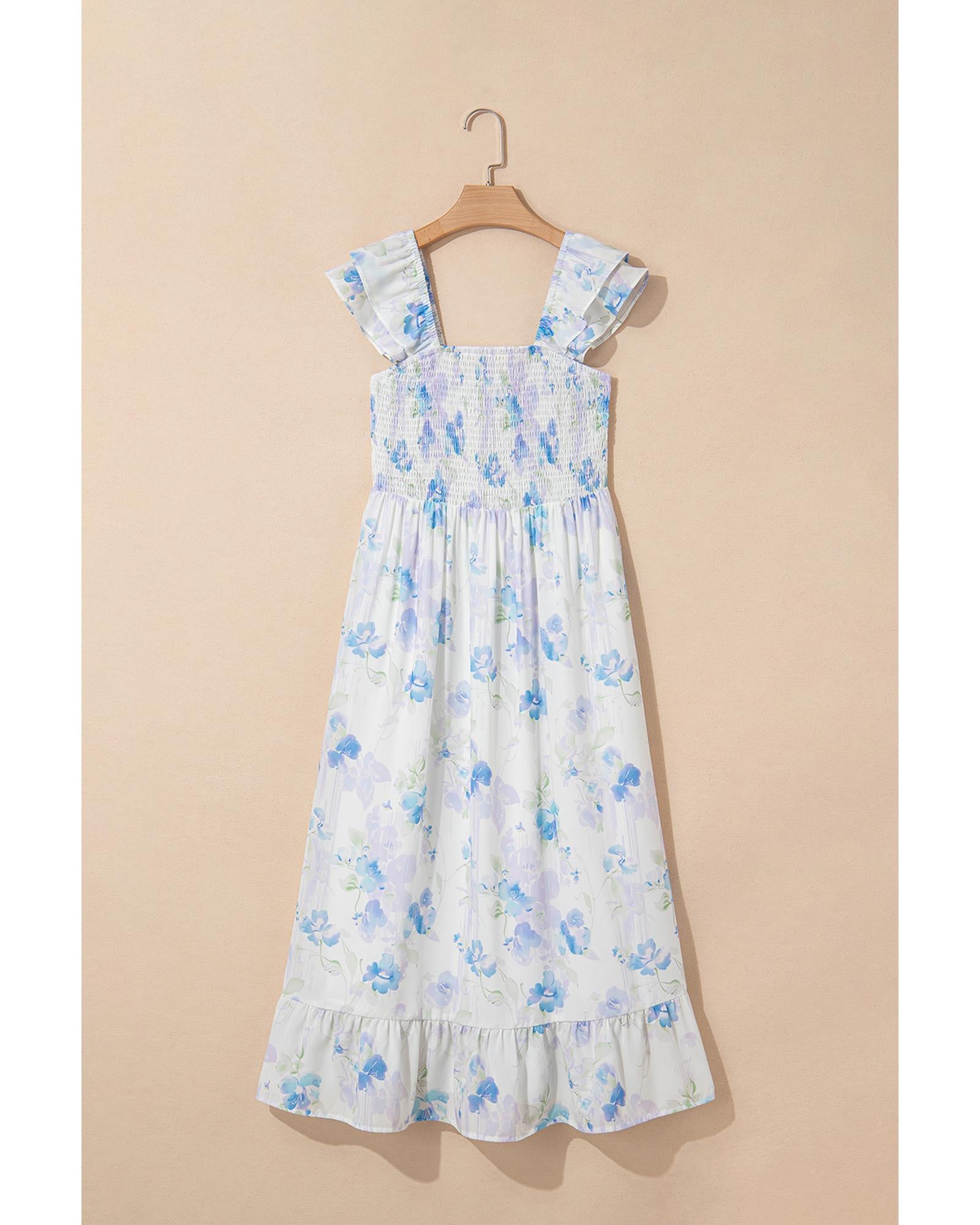 Sky Blue Floral Smocked High Waist Double Ruffle Sleeveless Long Dress - L 5