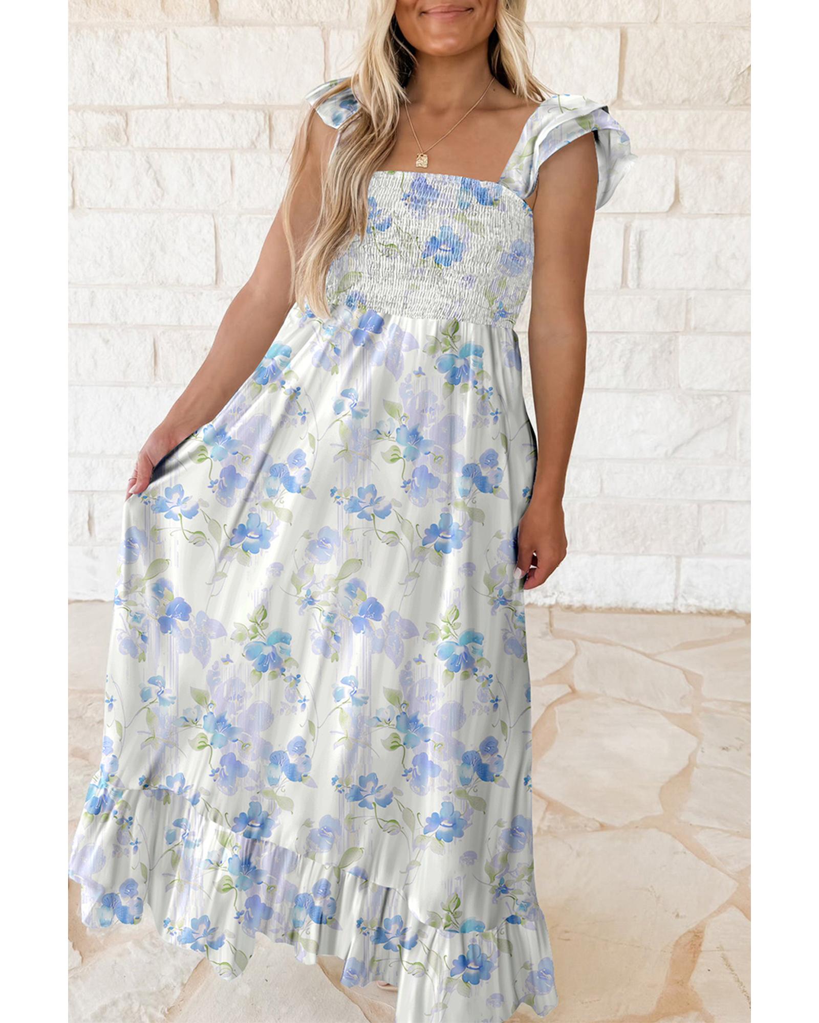 Sky Blue Floral Smocked High Waist Double Ruffle Sleeveless Long Dress - M
