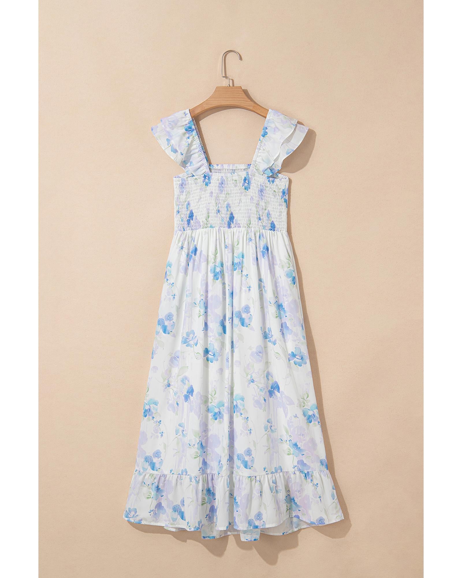 Sky Blue Floral Smocked High Waist Double Ruffle Sleeveless Long Dress - M 4