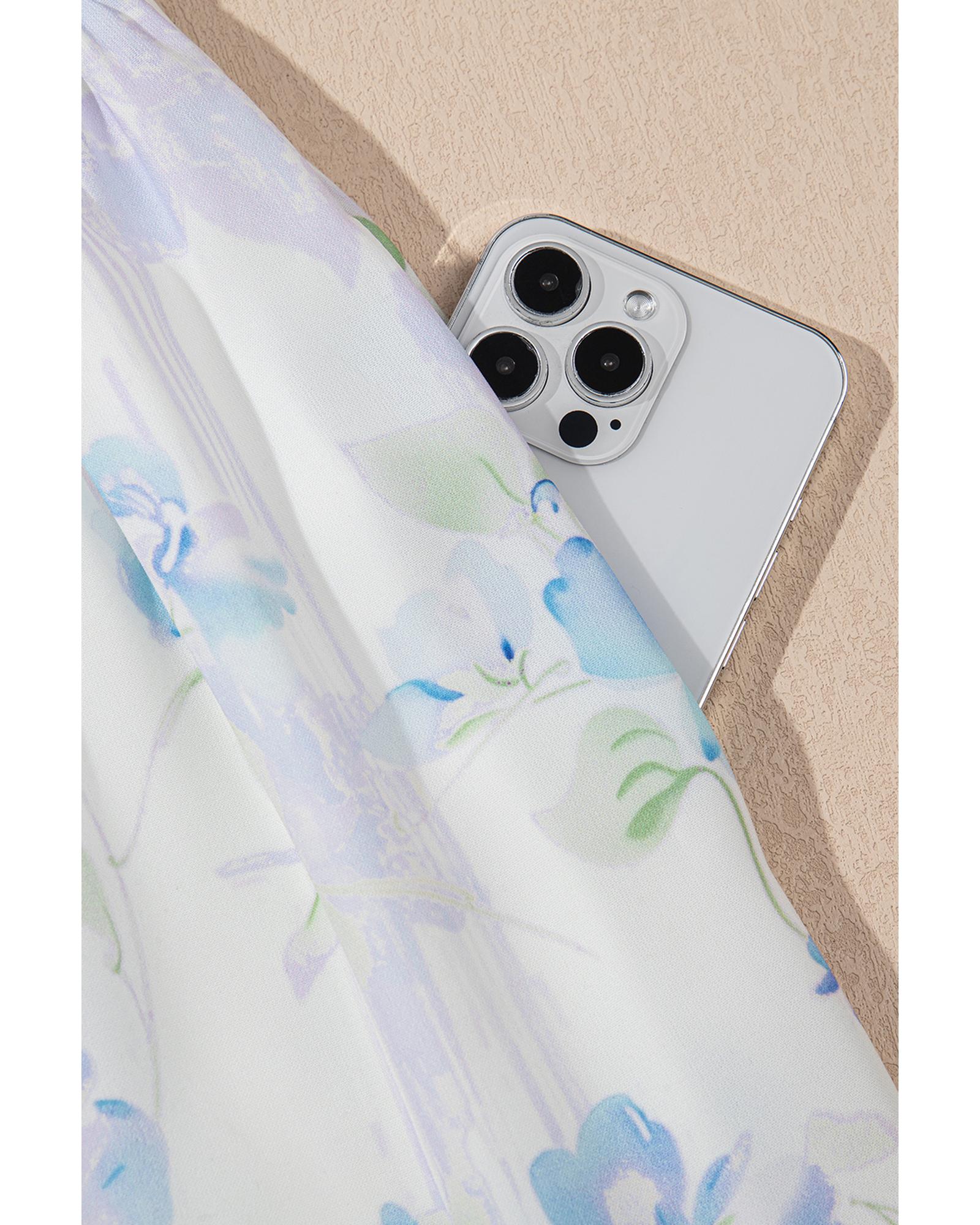 Sky Blue Floral Smocked High Waist Double Ruffle Sleeveless Long Dress - M 6