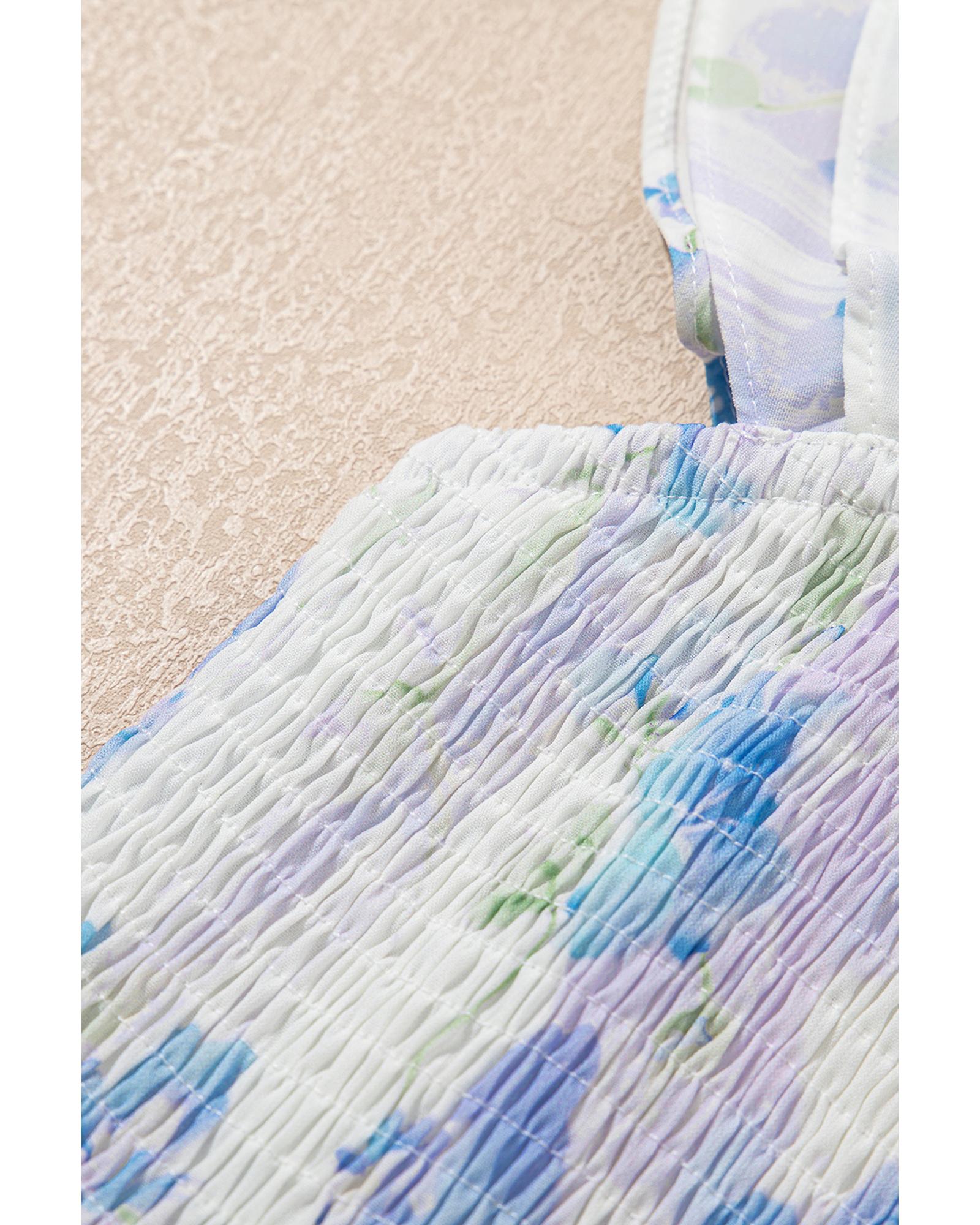 Sky Blue Floral Smocked High Waist Double Ruffle Sleeveless Long Dress - M 7