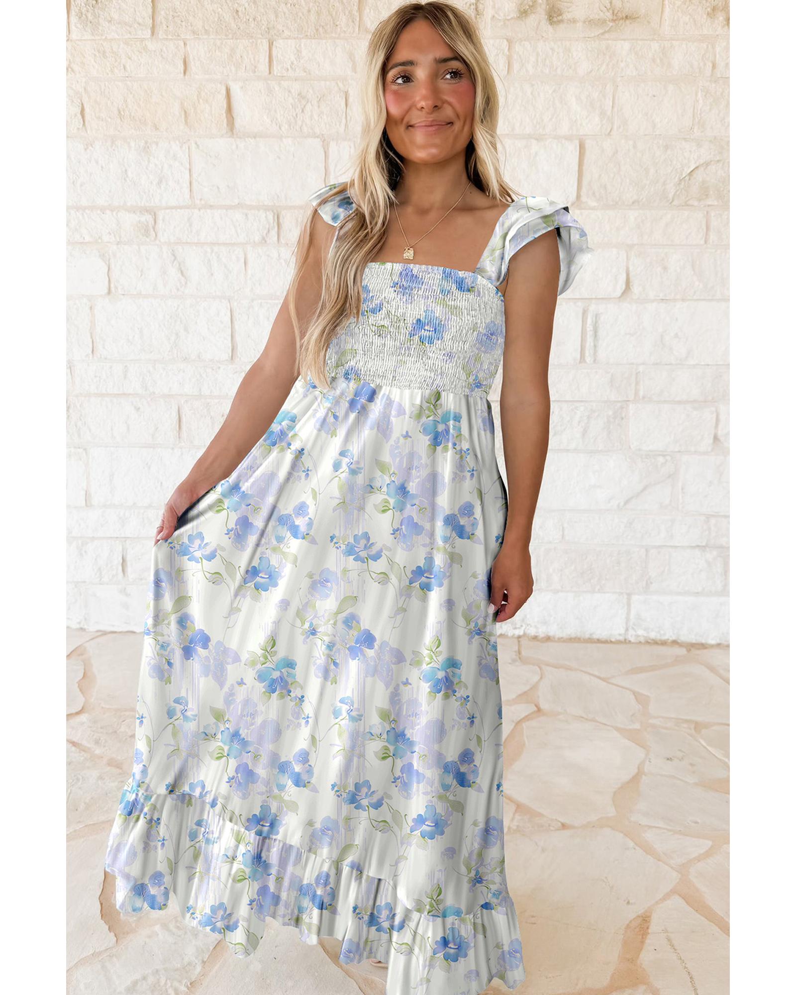 Sky Blue Floral Smocked High Waist Double Ruffle Sleeveless Long Dress - S