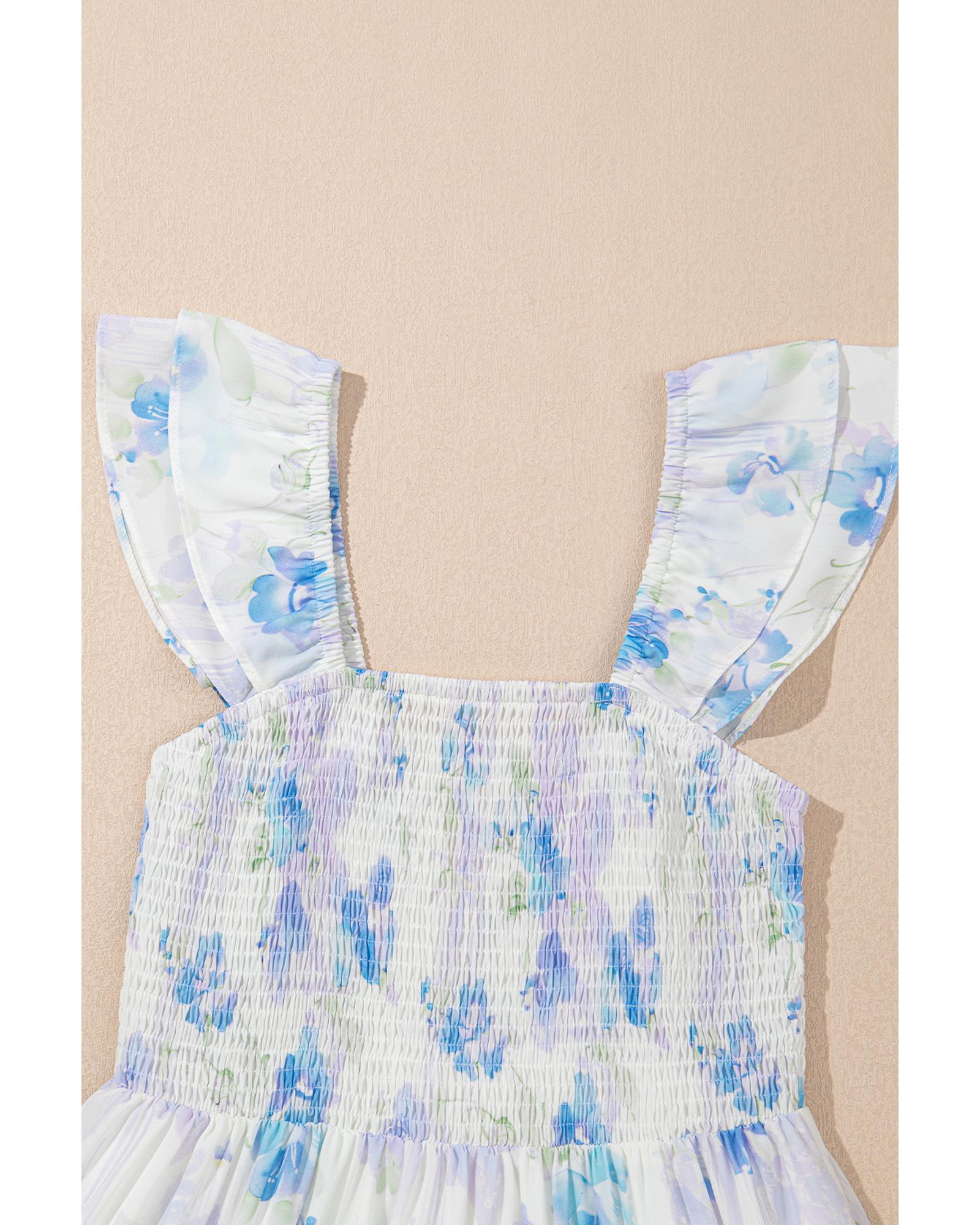 Sky Blue Floral Smocked High Waist Double Ruffle Sleeveless Long Dress - S 7