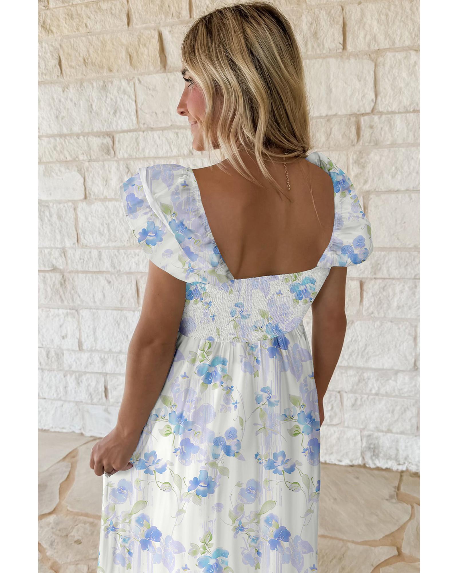 Sky Blue Floral Smocked High Waist Double Ruffle Sleeveless Long Dress - XL