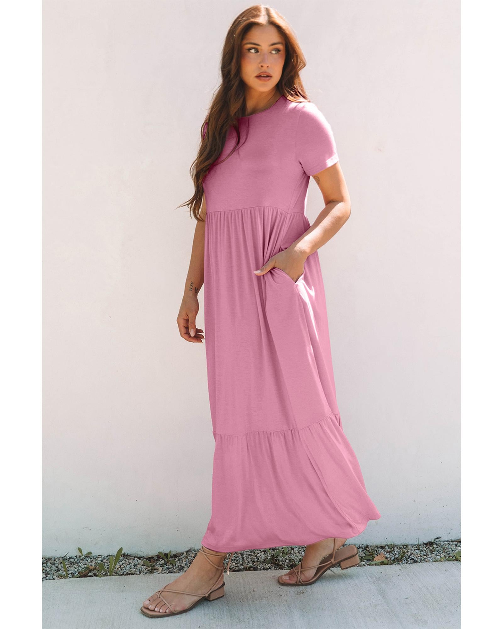 Pink Solid Color T-shirt High Waist Pocketed Long Dress - M 4