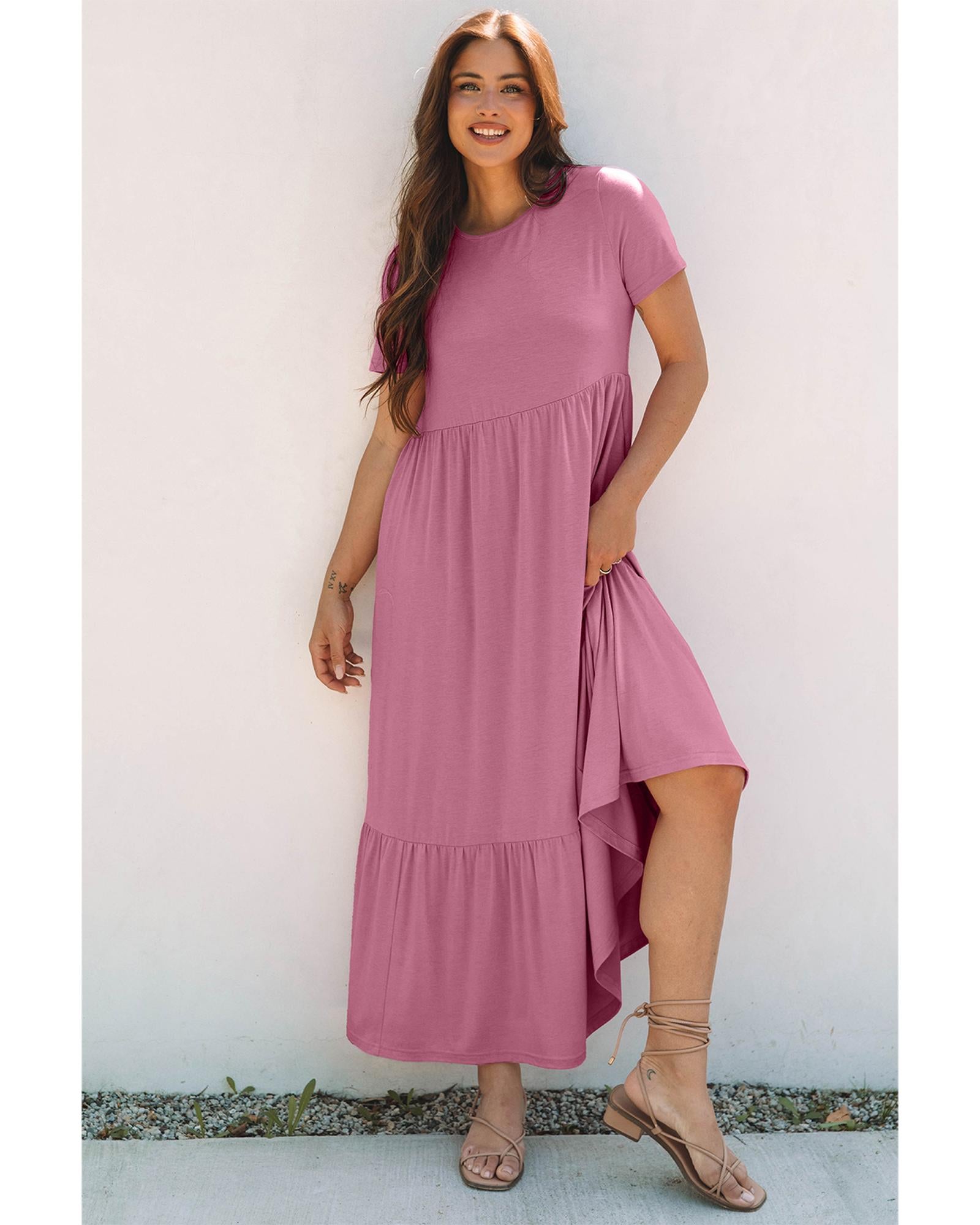 Pink Solid Color T-shirt High Waist Pocketed Long Dress - M 5