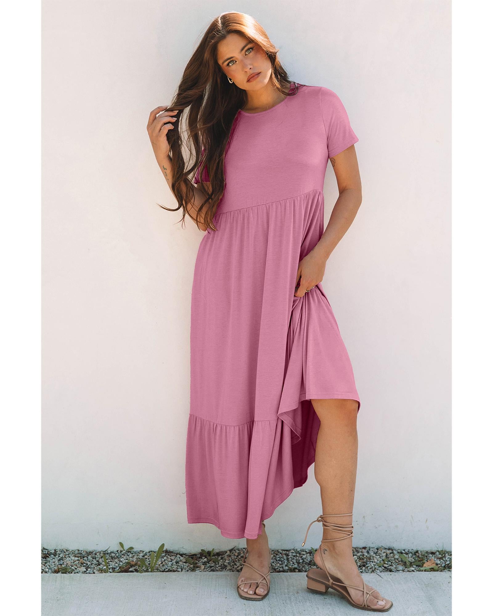 Pink Solid Color T-shirt High Waist Pocketed Long Dress - M 6
