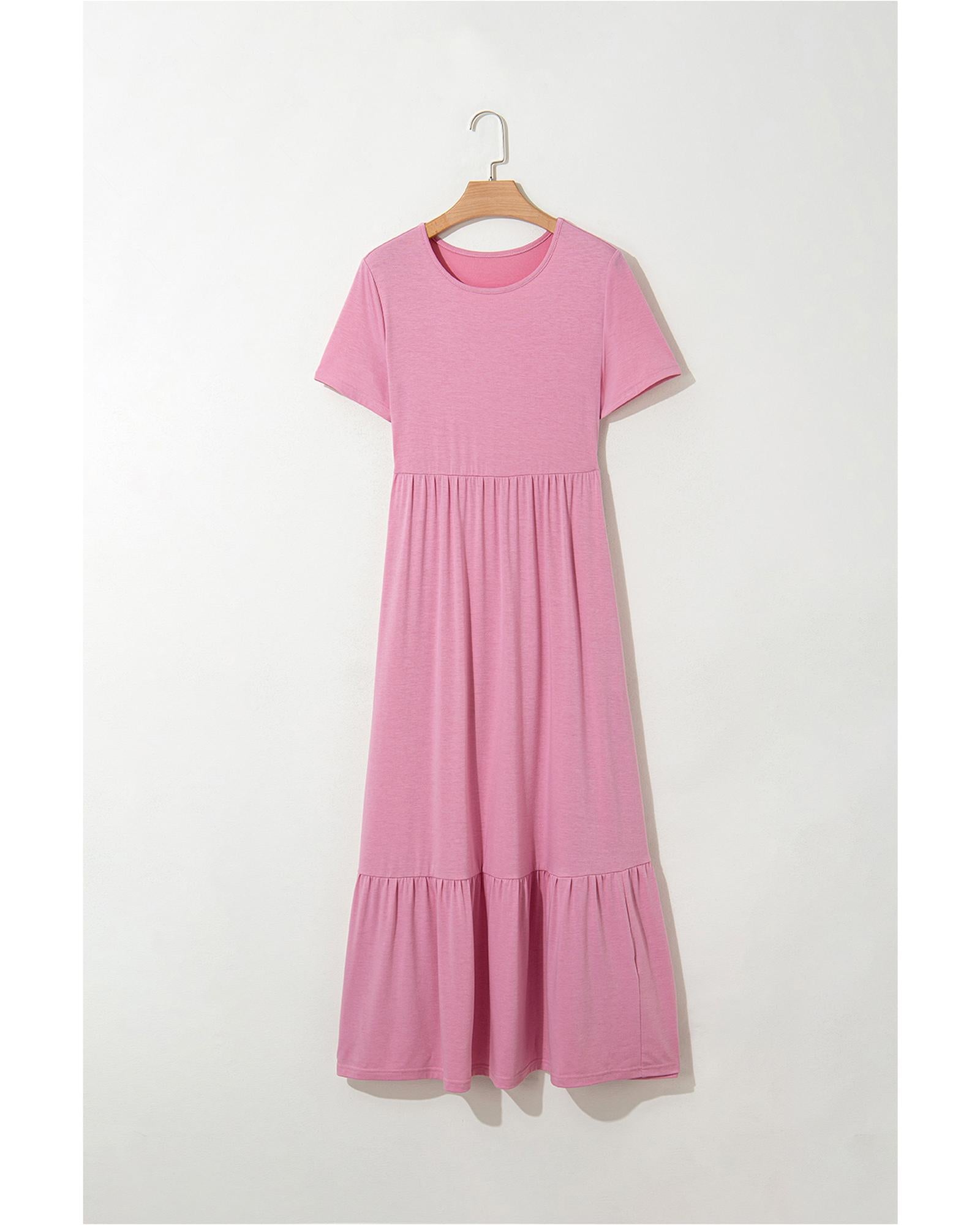 Pink Solid Color T-shirt High Waist Pocketed Long Dress - M 8