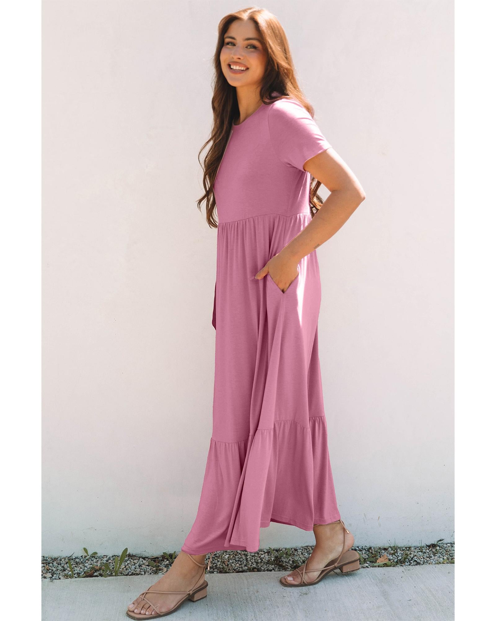 Pink Solid Color T-shirt High Waist Pocketed Long Dress - S 3
