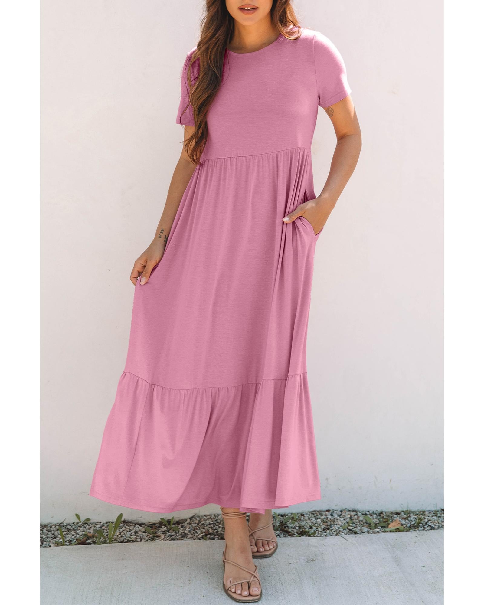 Pink Solid Color T-shirt High Waist Pocketed Long Dress - S 7