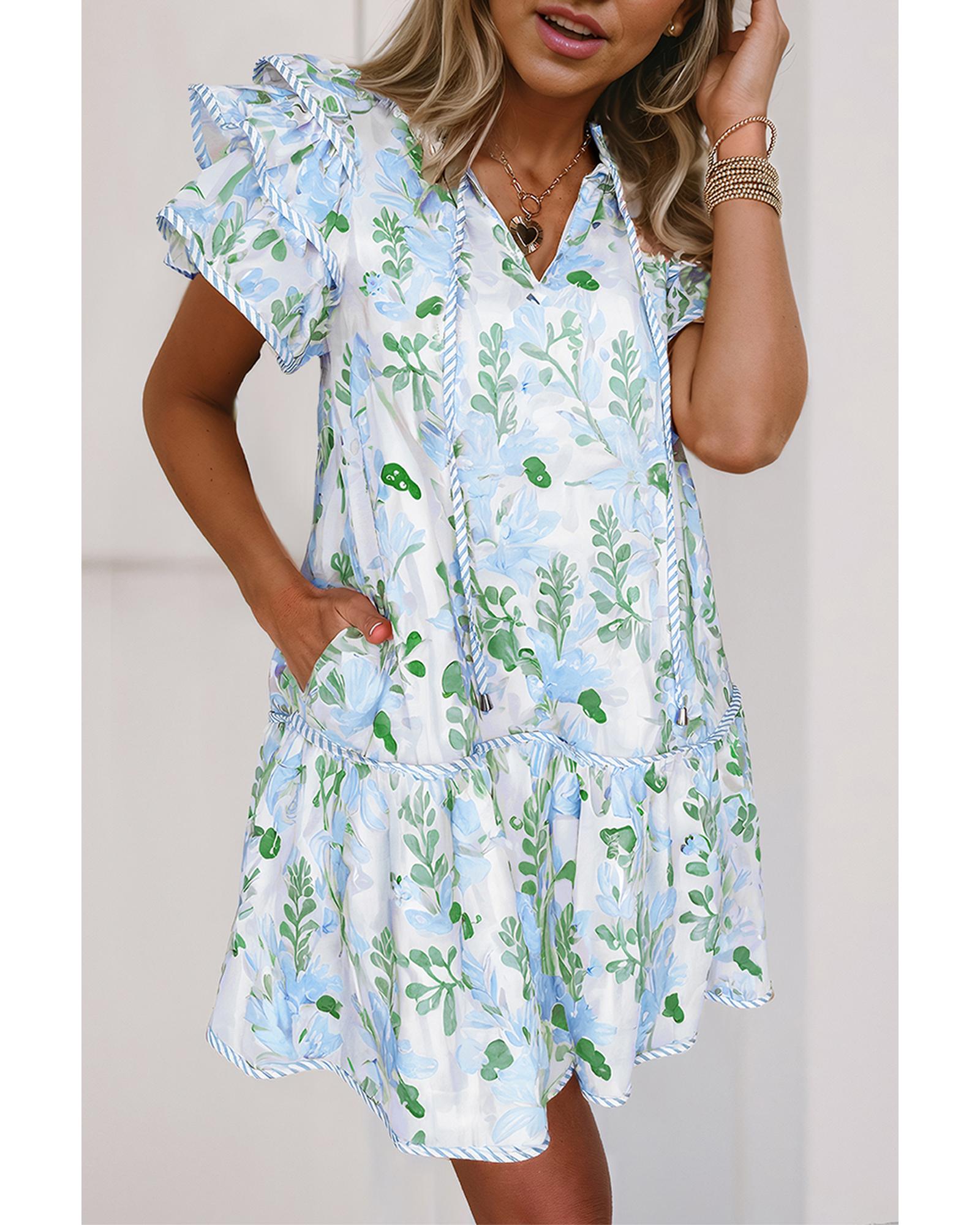 Sky Blue Floral Contrast Edge Layered Short Sleeve Mini Dress - L