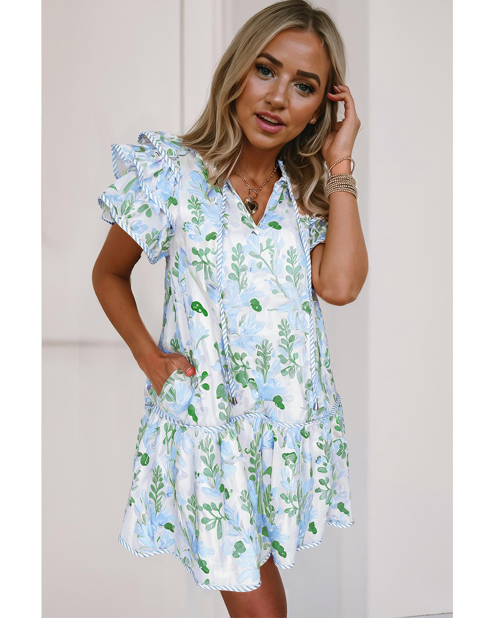 Sky Blue Floral Contrast Edge Layered Short Sleeve Mini Dress - L 3