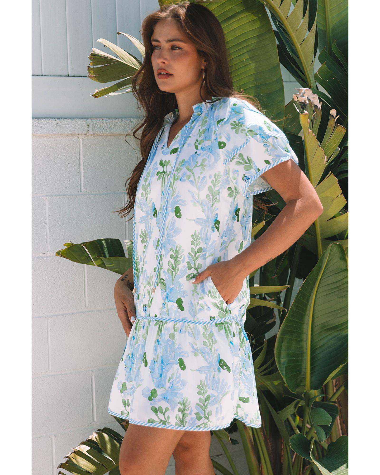 Sky Blue Floral Contrast Edge Layered Short Sleeve Mini Dress - L 4