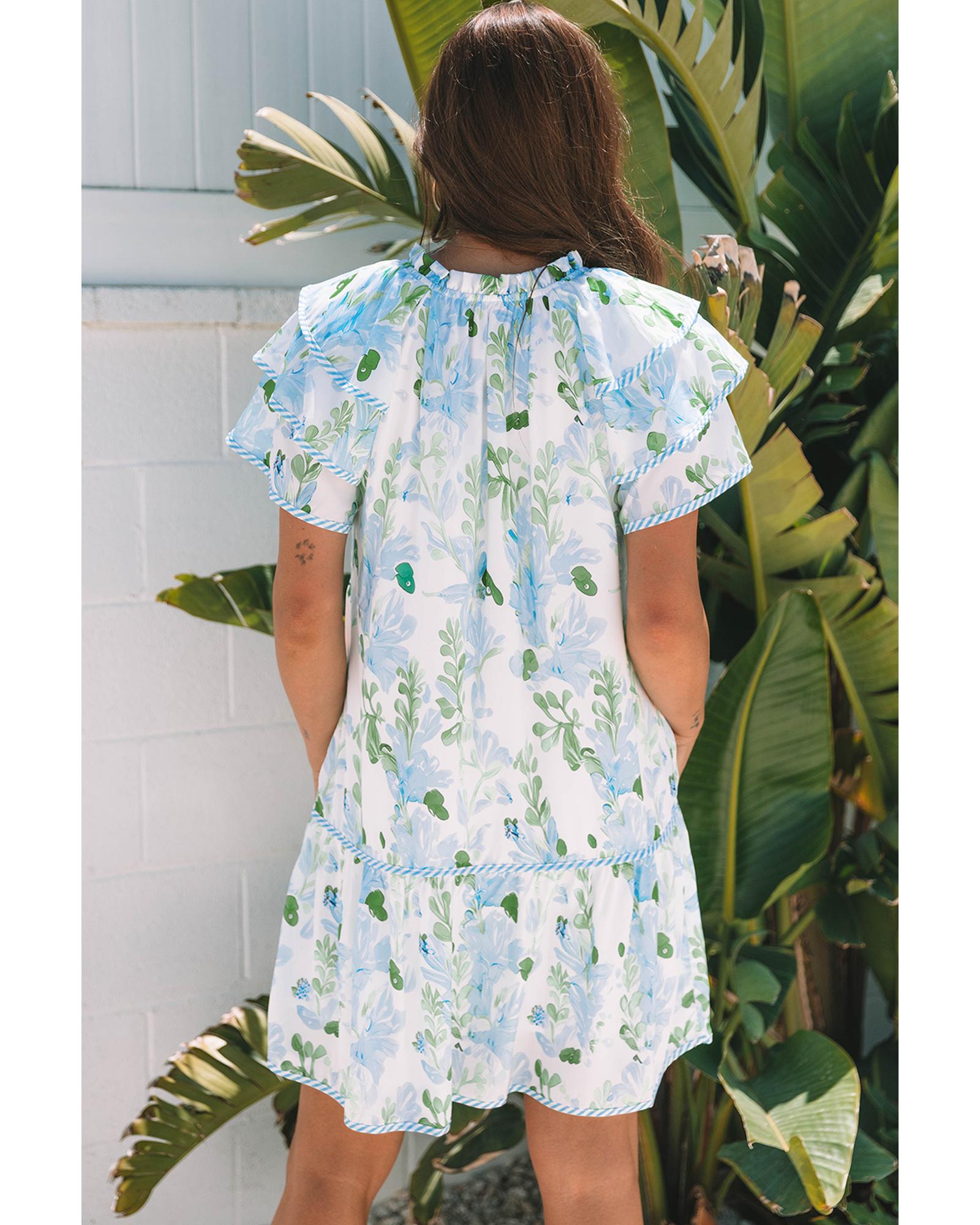 Sky Blue Floral Contrast Edge Layered Short Sleeve Mini Dress - S 3