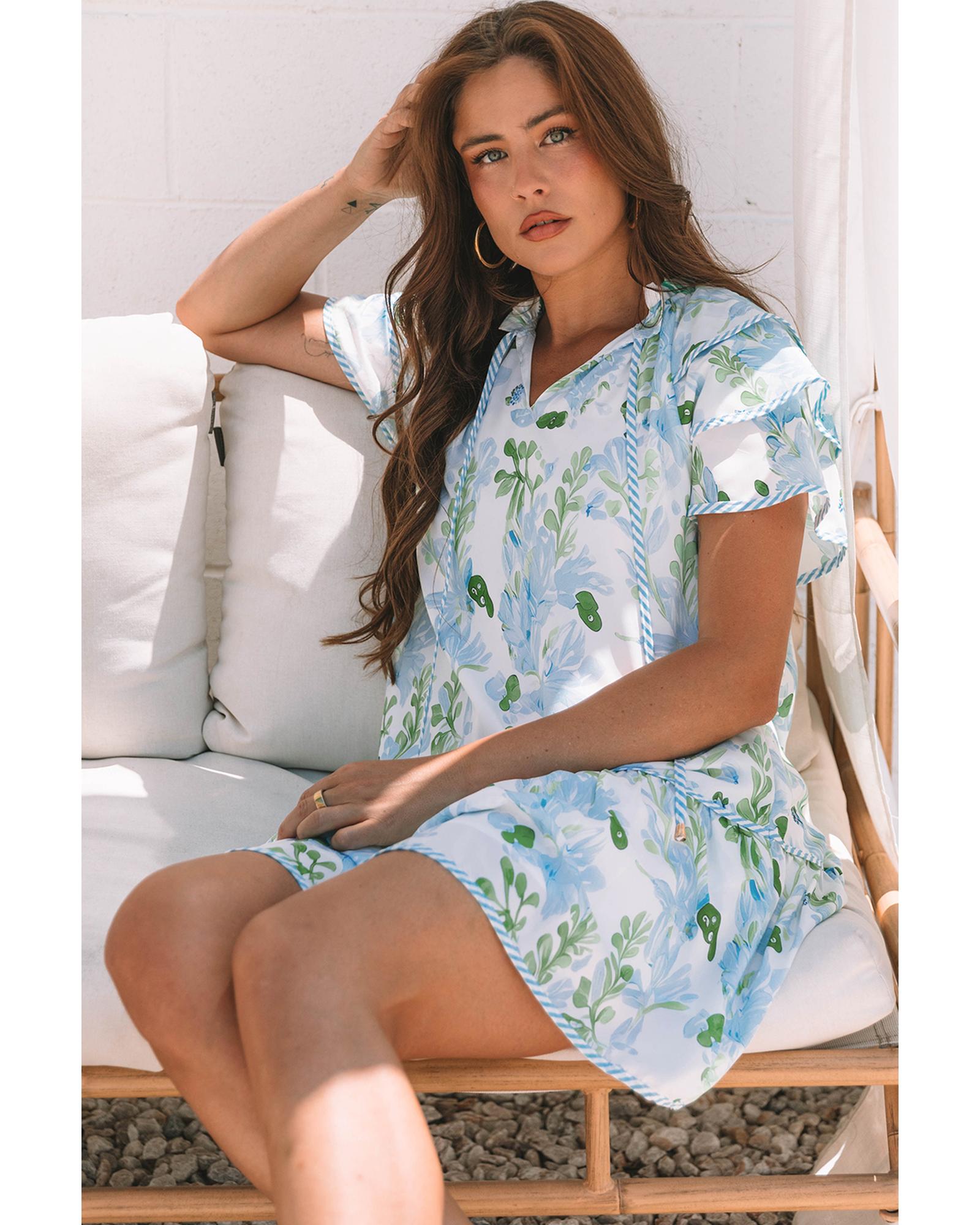 Sky Blue Floral Contrast Edge Layered Short Sleeve Mini Dress - S 5