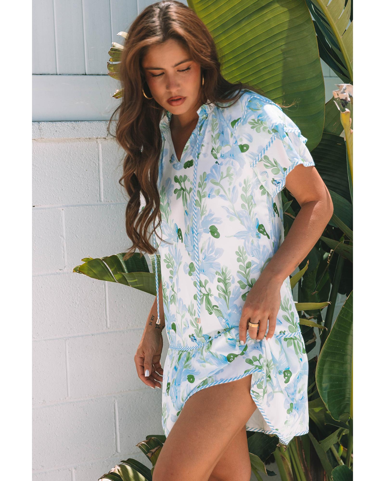 Sky Blue Floral Contrast Edge Layered Short Sleeve Mini Dress - S 7
