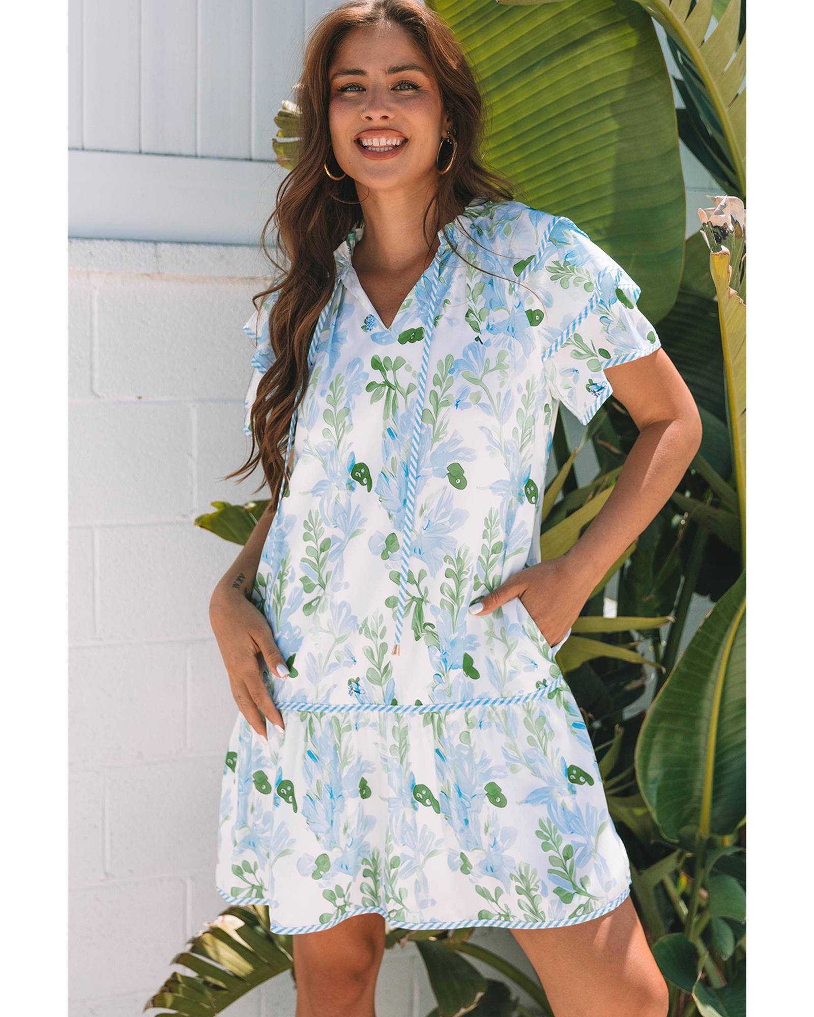Sky Blue Floral Contrast Edge Layered Short Sleeve Mini Dress - XL 7