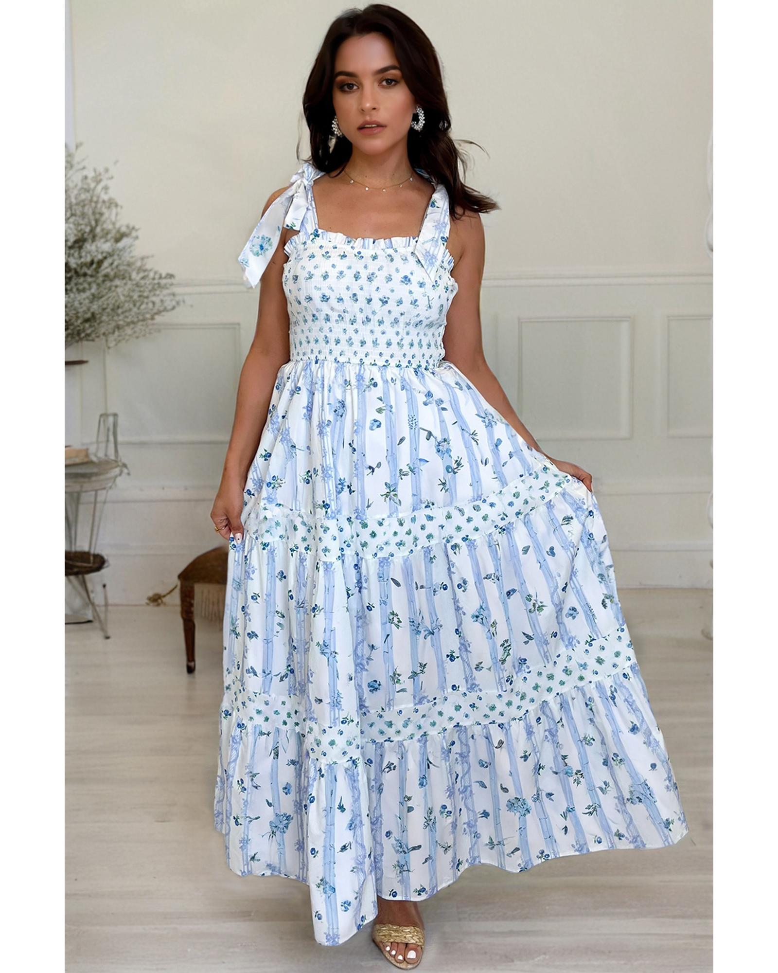 Sky Blue Floral Smocked Tied Straps A-Lined Tiered Maxi Dress - L 5