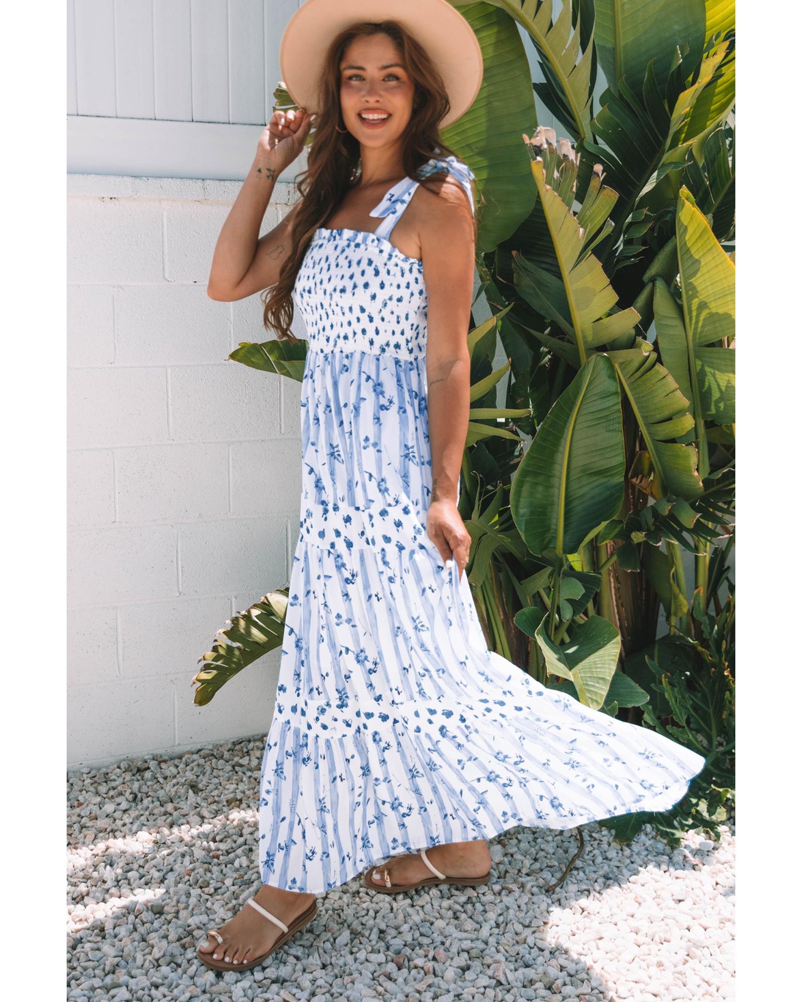 Sky Blue Floral Smocked Tied Straps A-Lined Tiered Maxi Dress - L 6
