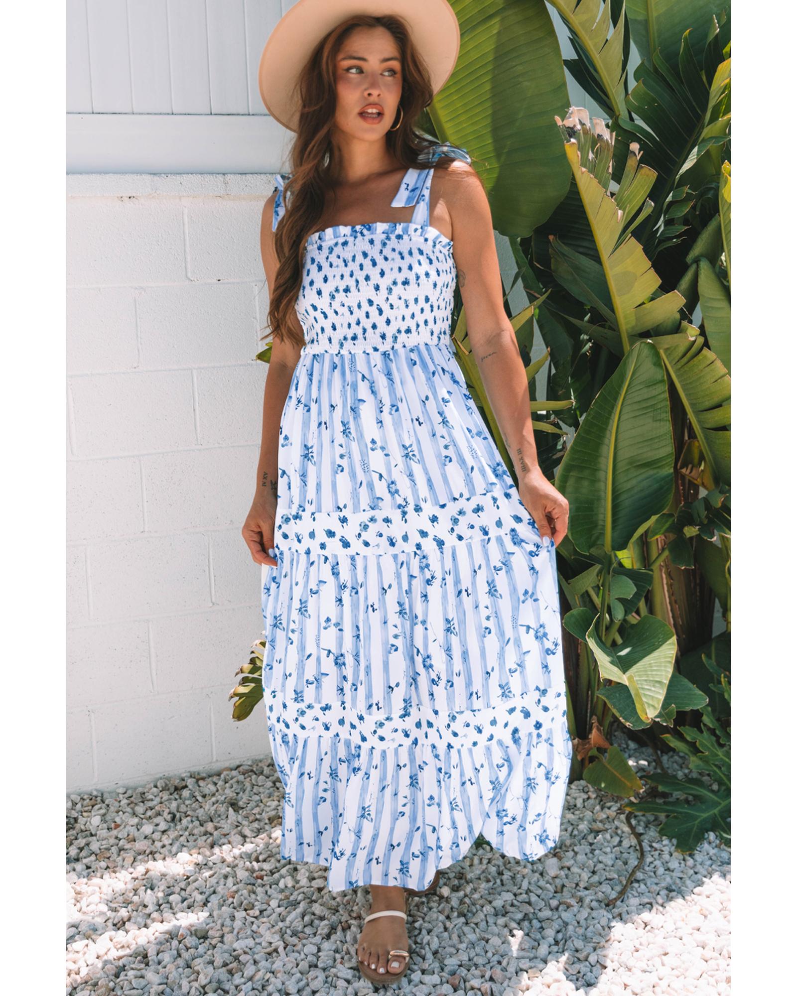 Sky Blue Floral Smocked Tied Straps A-Lined Tiered Maxi Dress - M 7