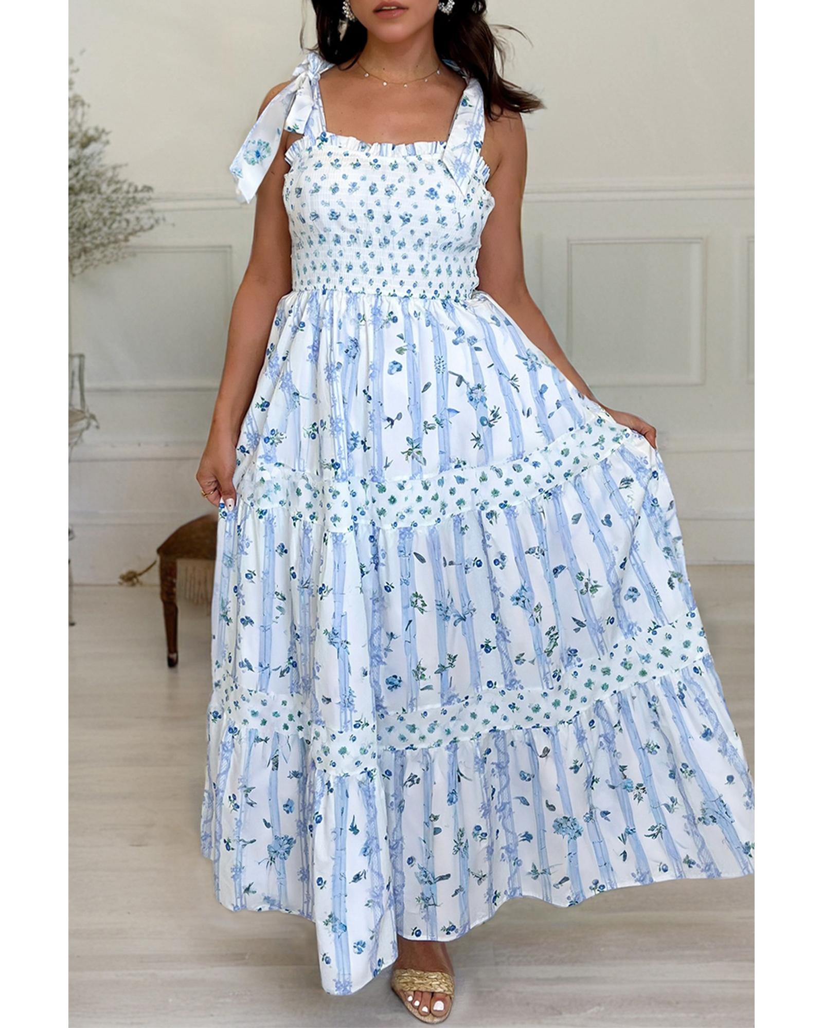 Sky Blue Floral Smocked Tied Straps A-Lined Tiered Maxi Dress - XL