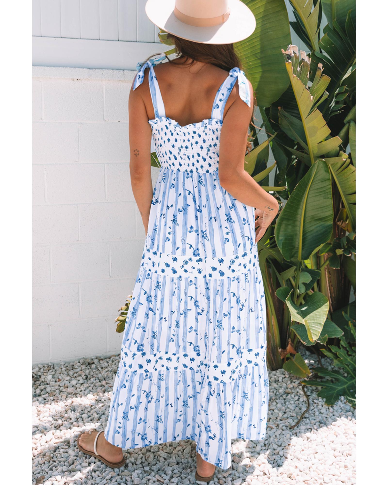 Sky Blue Floral Smocked Tied Straps A-Lined Tiered Maxi Dress - XL 4