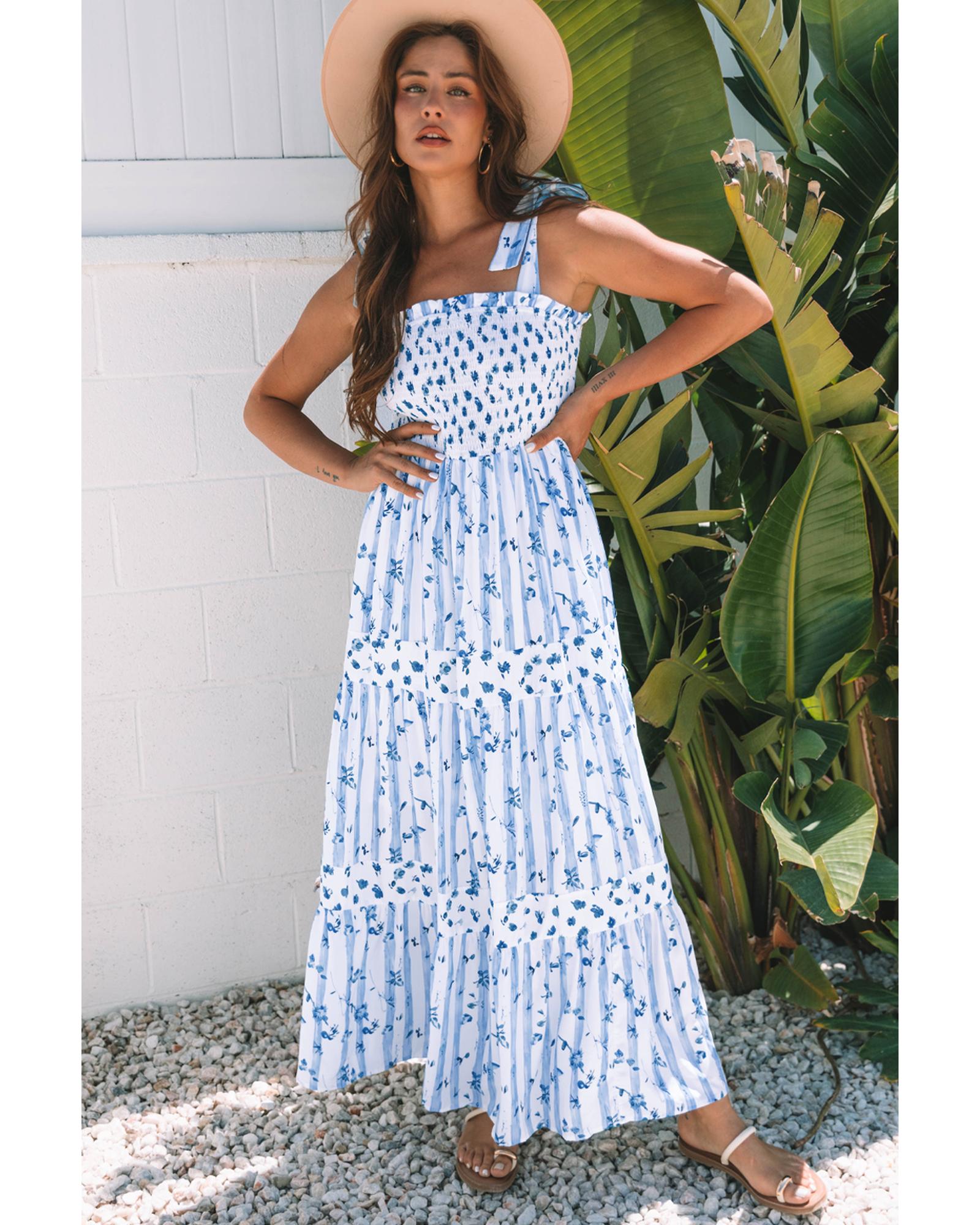 Sky Blue Floral Smocked Tied Straps A-Lined Tiered Maxi Dress - XL 8