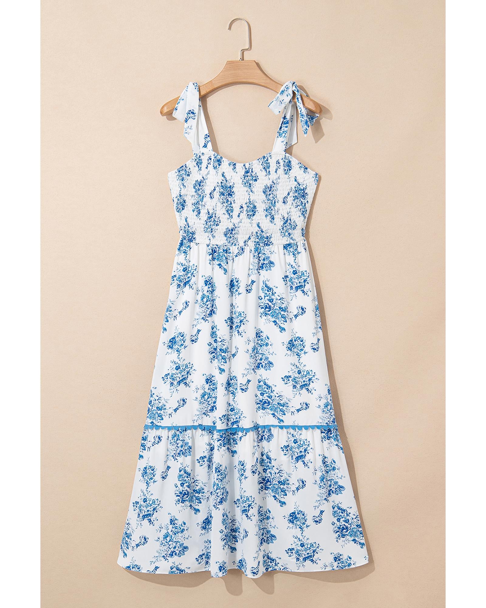 Sky Blue Floral Print Shirred Knot Shoulder Sleeveless Long Dress - L 3