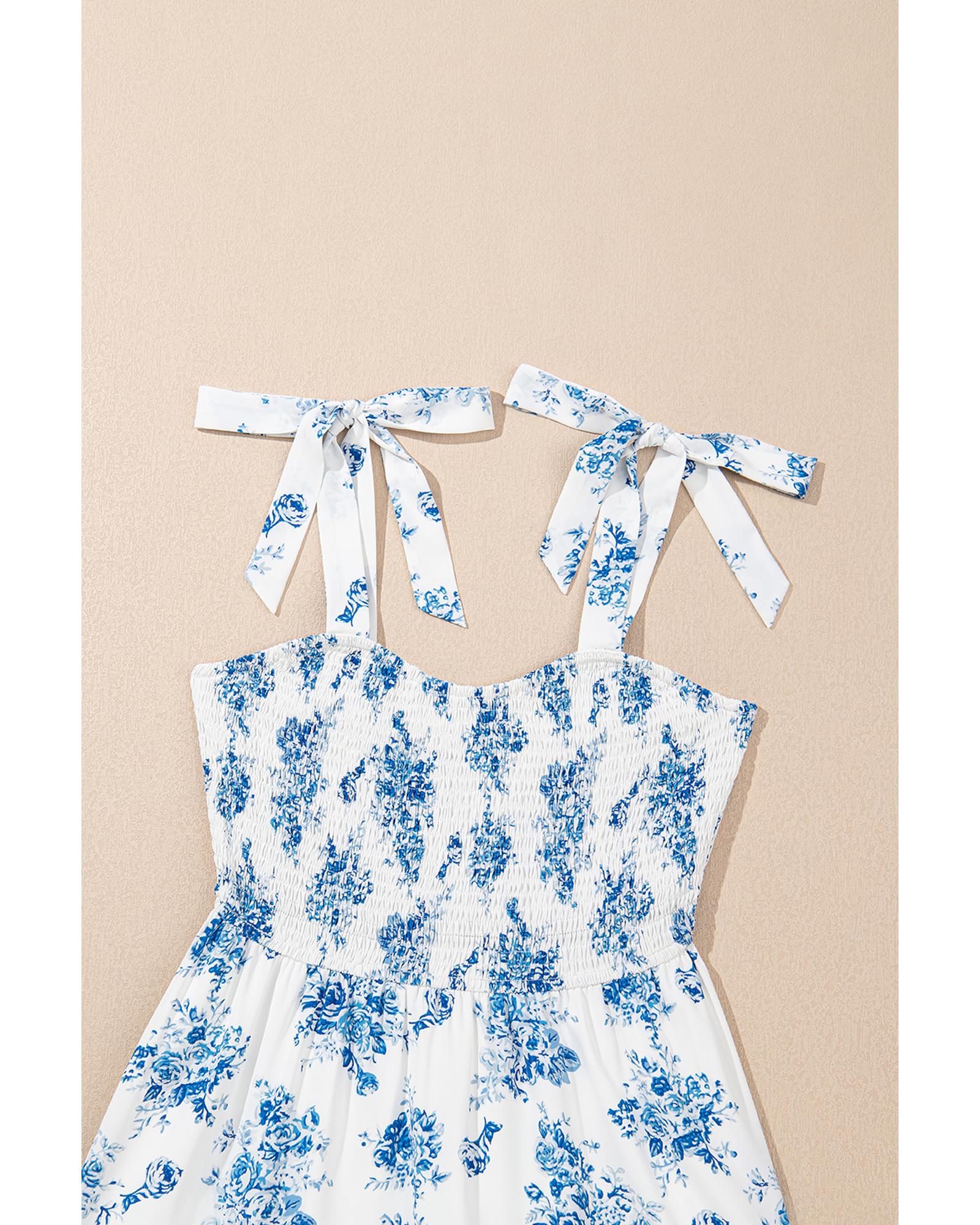 Sky Blue Floral Print Shirred Knot Shoulder Sleeveless Long Dress - L 5