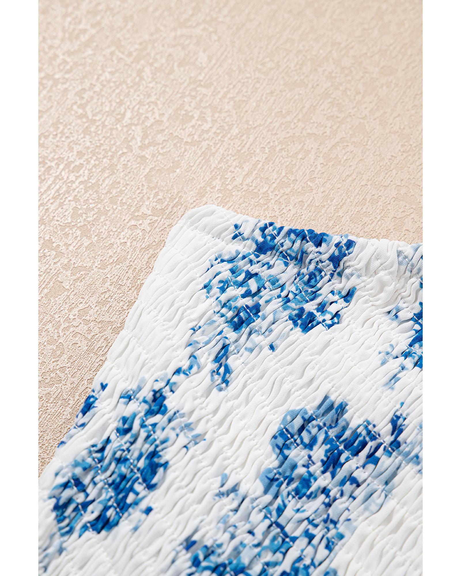 Sky Blue Floral Print Shirred Knot Shoulder Sleeveless Long Dress - L 7