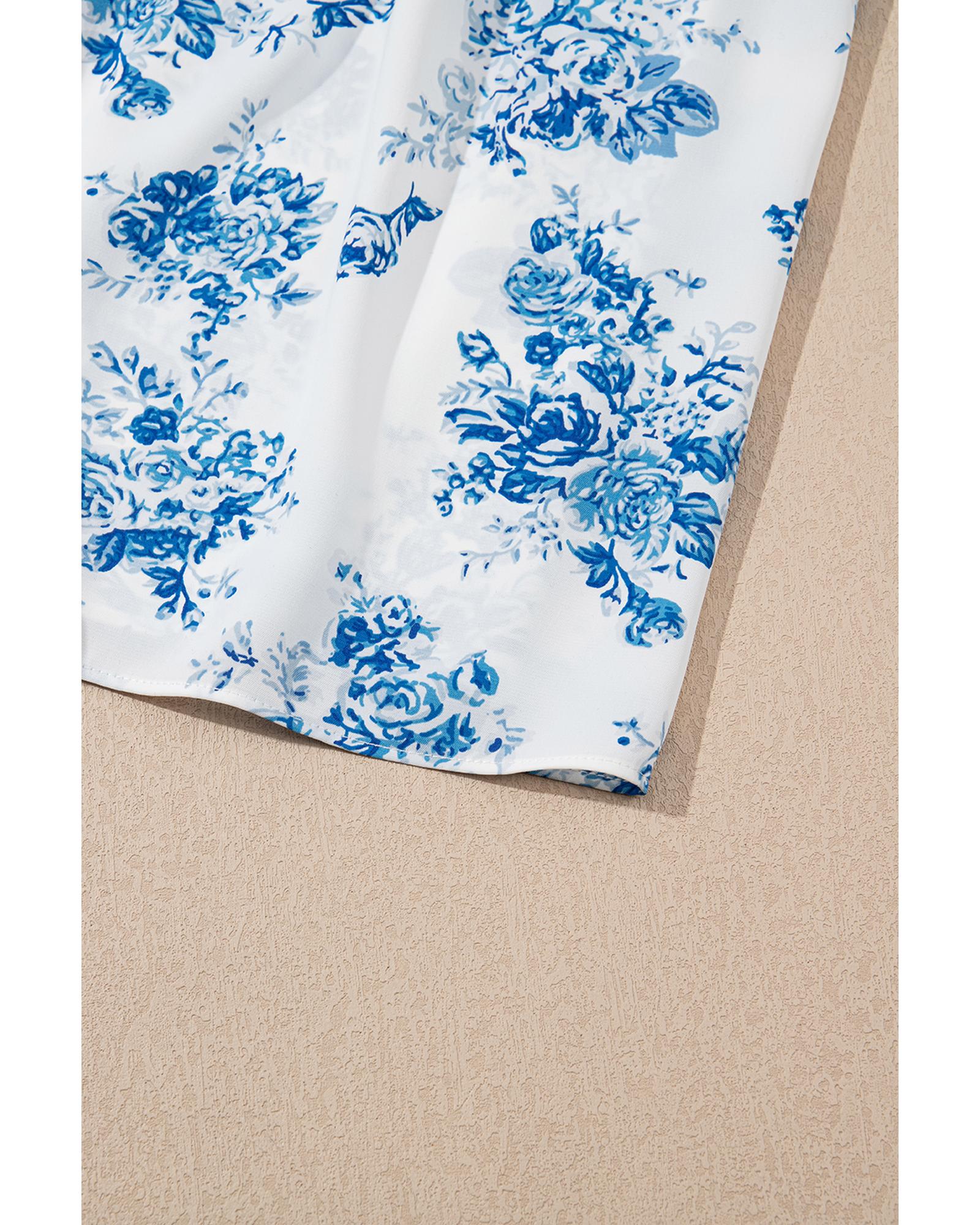 Sky Blue Floral Print Shirred Knot Shoulder Sleeveless Long Dress - L 8