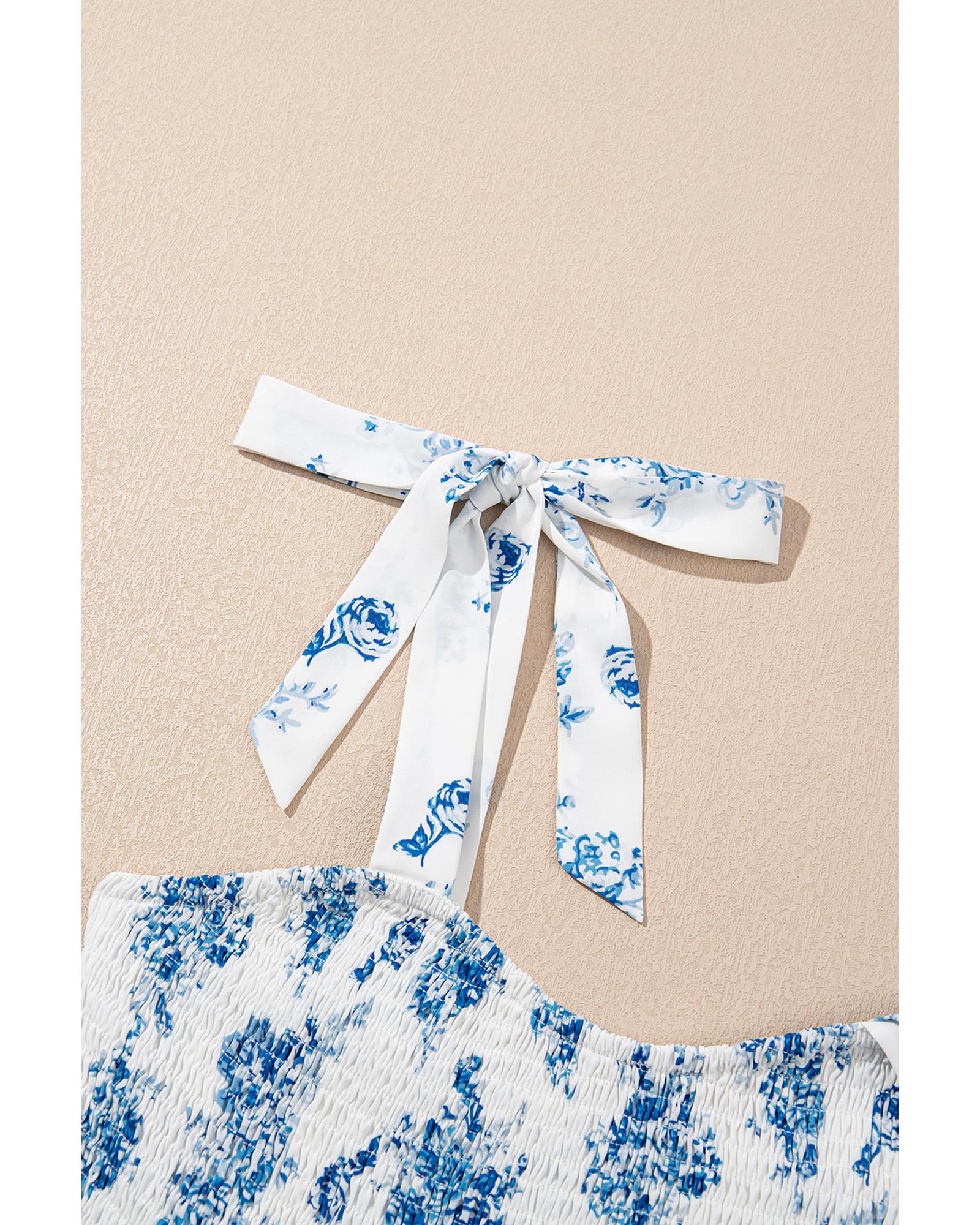 Sky Blue Floral Print Shirred Knot Shoulder Sleeveless Long Dress - M 6