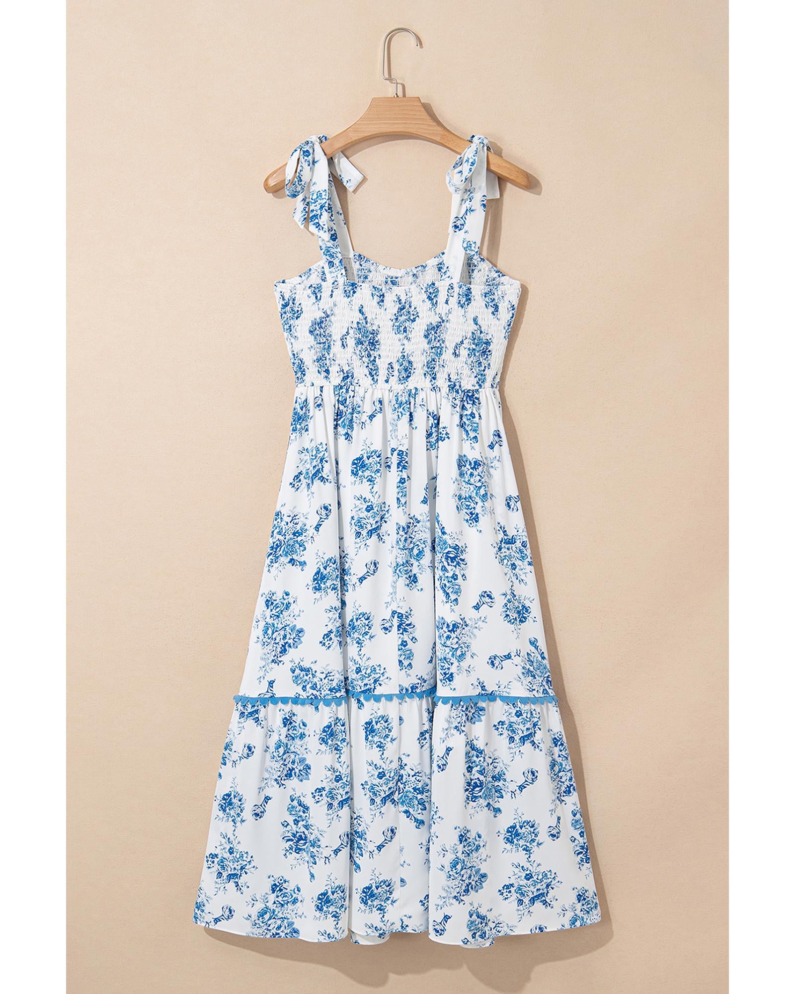 Sky Blue Floral Print Shirred Knot Shoulder Sleeveless Long Dress - S 4