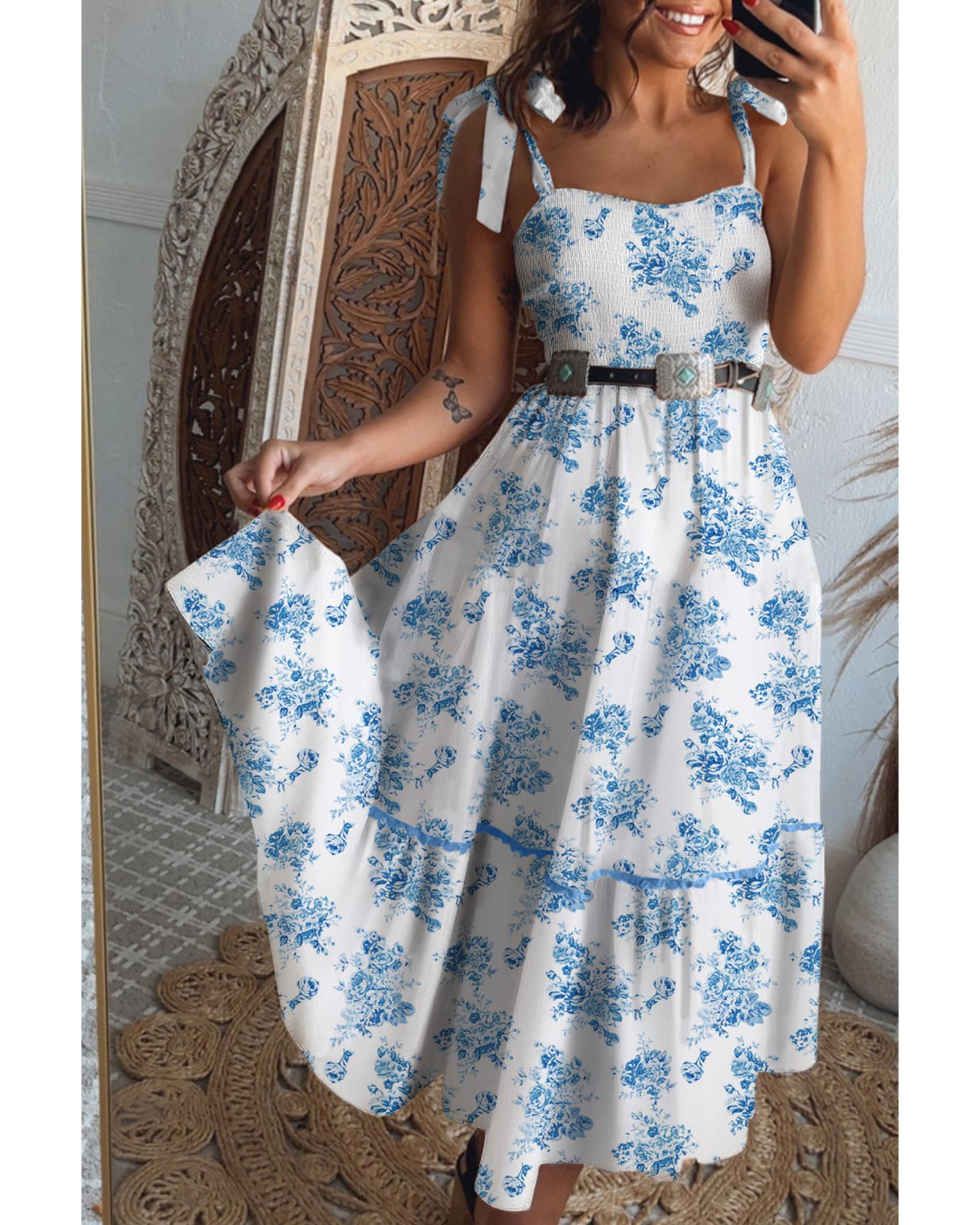 Sky Blue Floral Print Shirred Knot Shoulder Sleeveless Long Dress - XL